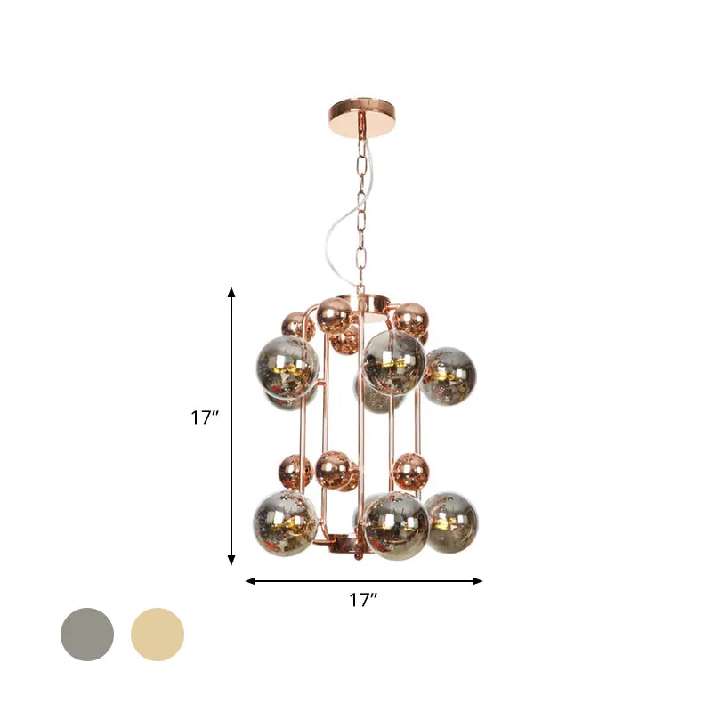 Modern Smoke Gray/Amber Glass 10-Light Rose Gold Chandelier with Hanging Balls