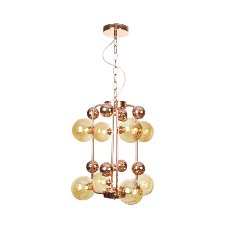 Modern Smoke Gray/Amber Glass 10-Light Rose Gold Chandelier with Hanging Balls