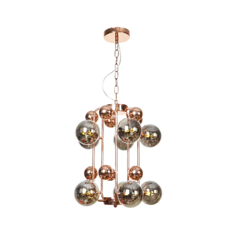 Modern Smoke Gray/Amber Glass 10-Light Rose Gold Chandelier with Hanging Balls