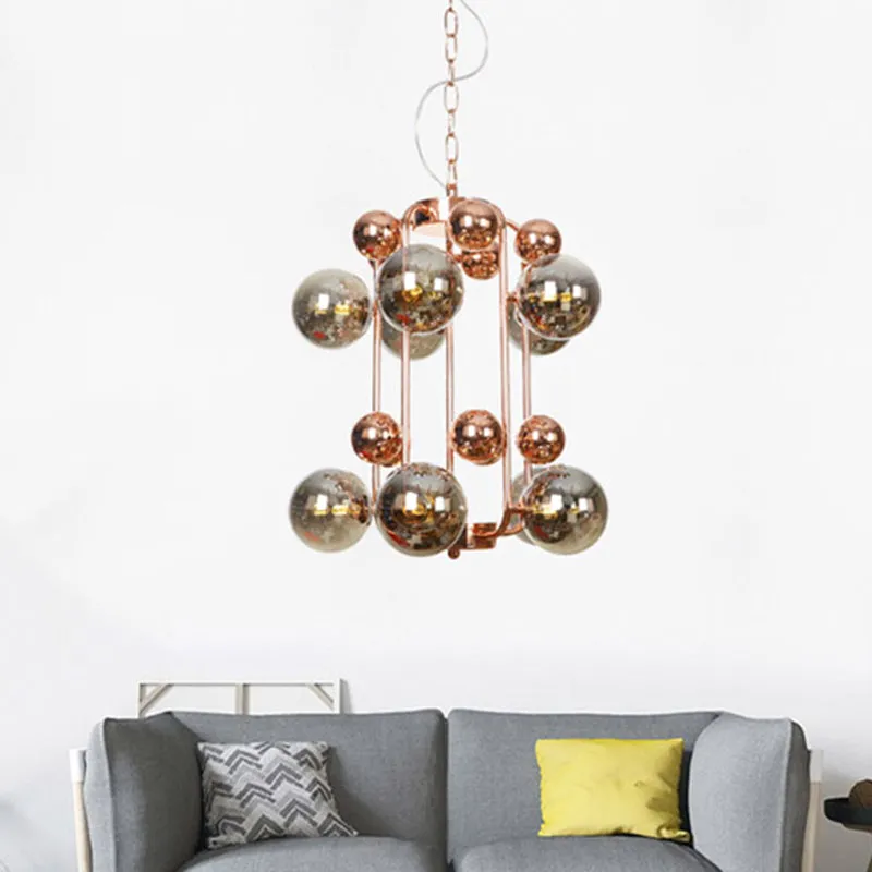 Modern Smoke Gray/Amber Glass 10-Light Rose Gold Chandelier with Hanging Balls