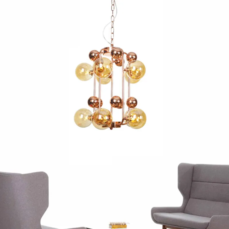 Modern Smoke Gray/Amber Glass 10-Light Rose Gold Chandelier with Hanging Balls