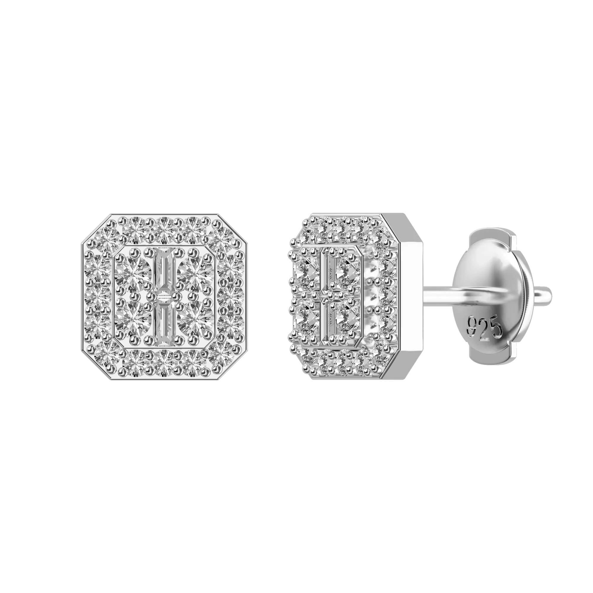 Octagon Baguette Mix Halo Stud Earrings - Pair