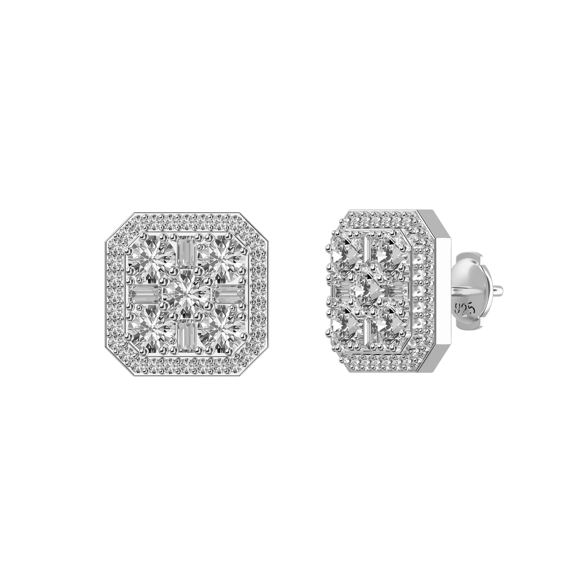 Octagon Baguette Mix Halo Stud Earrings - Pair