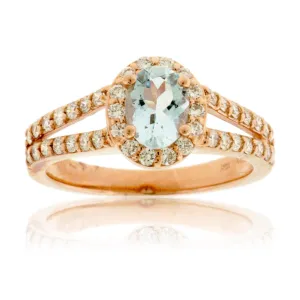 Oval Aquamarine and Split Shank Diamond Ring