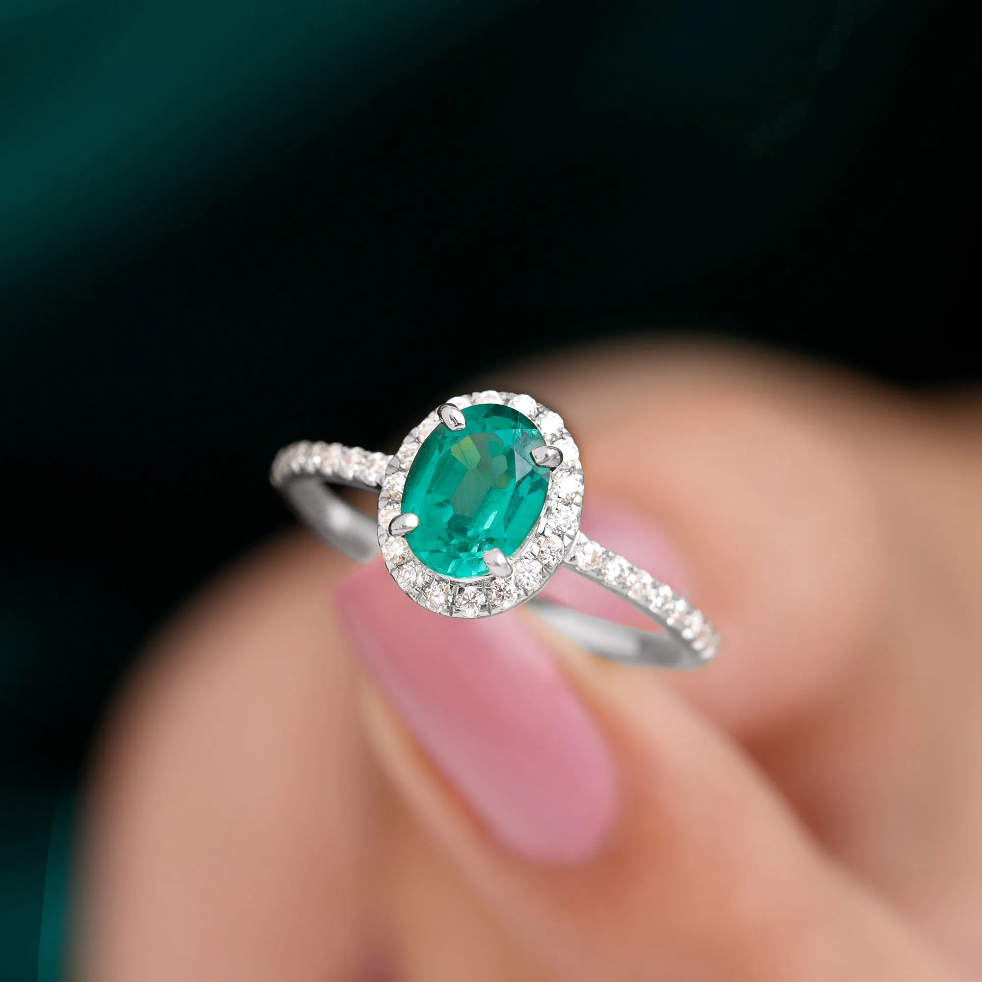 Oval Lab Grown Emerald Halo Engagement Ring with Diamond