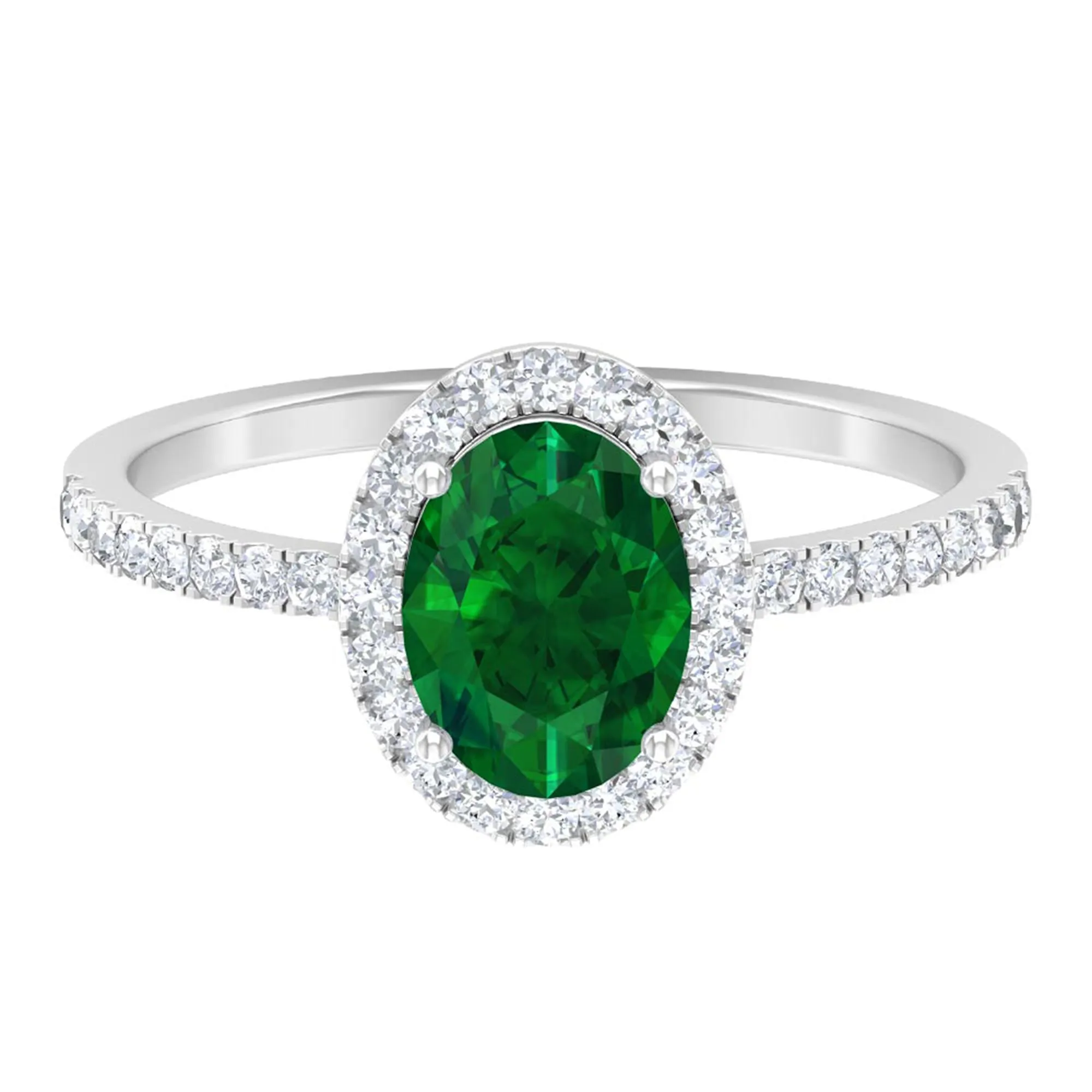 Oval Lab Grown Emerald Halo Engagement Ring with Diamond