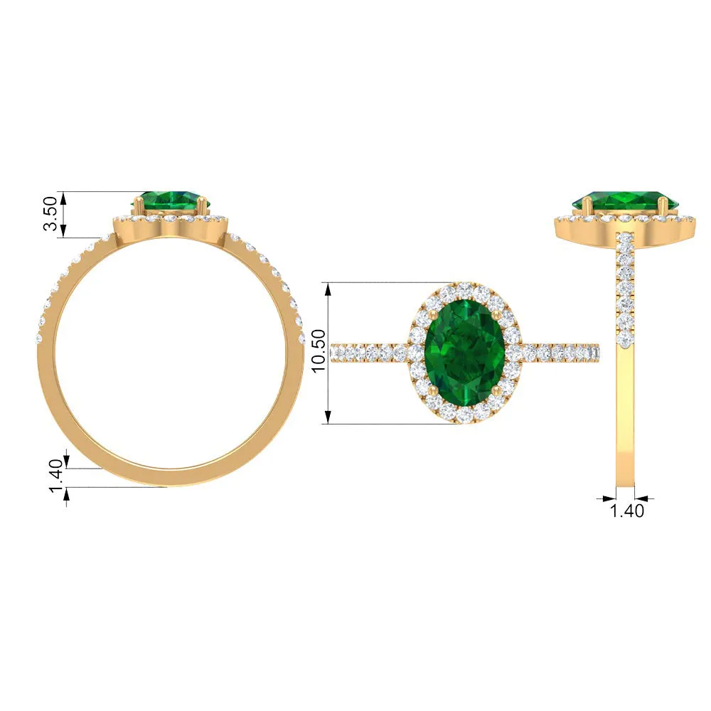 Oval Lab Grown Emerald Halo Engagement Ring with Diamond