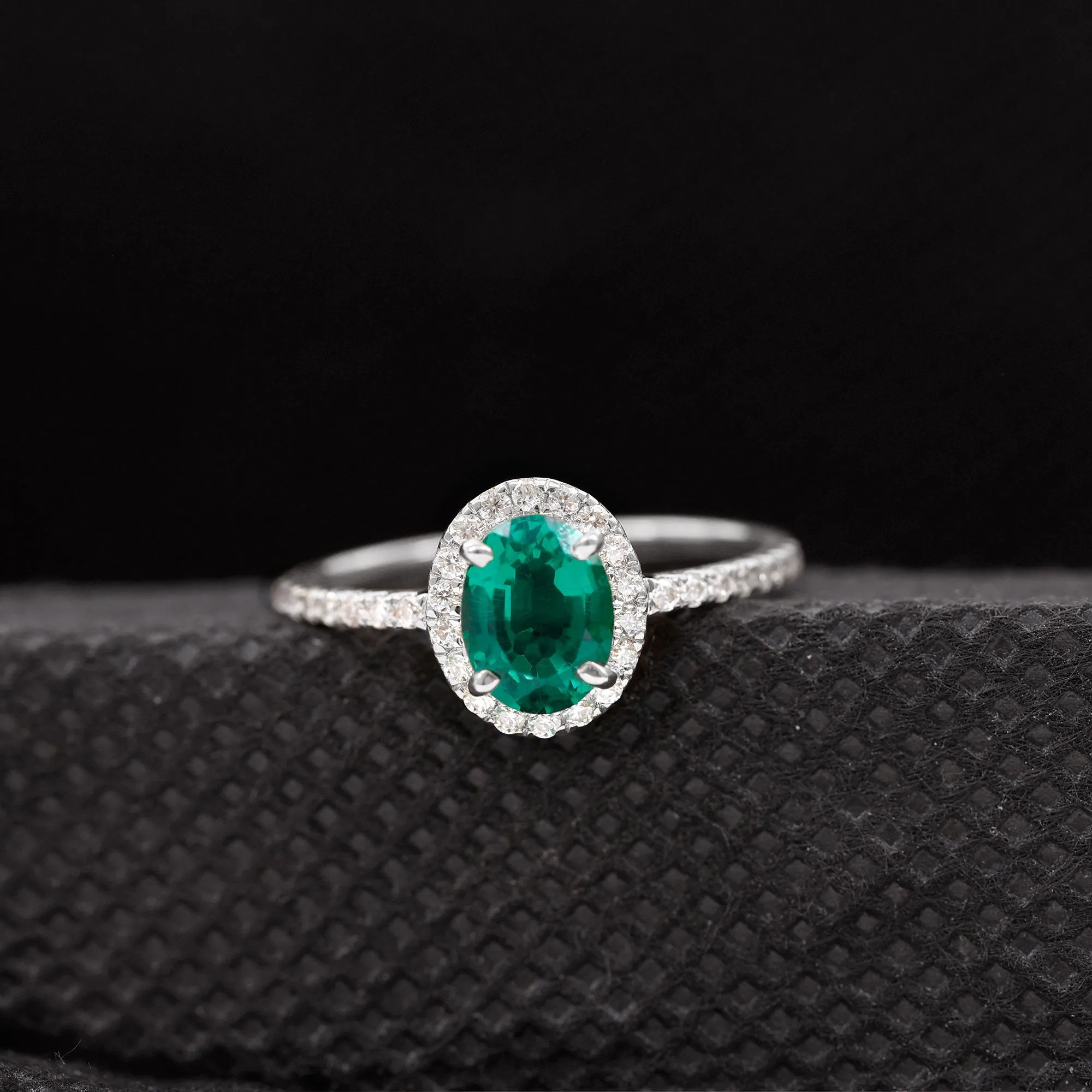 Oval Lab Grown Emerald Halo Engagement Ring with Diamond