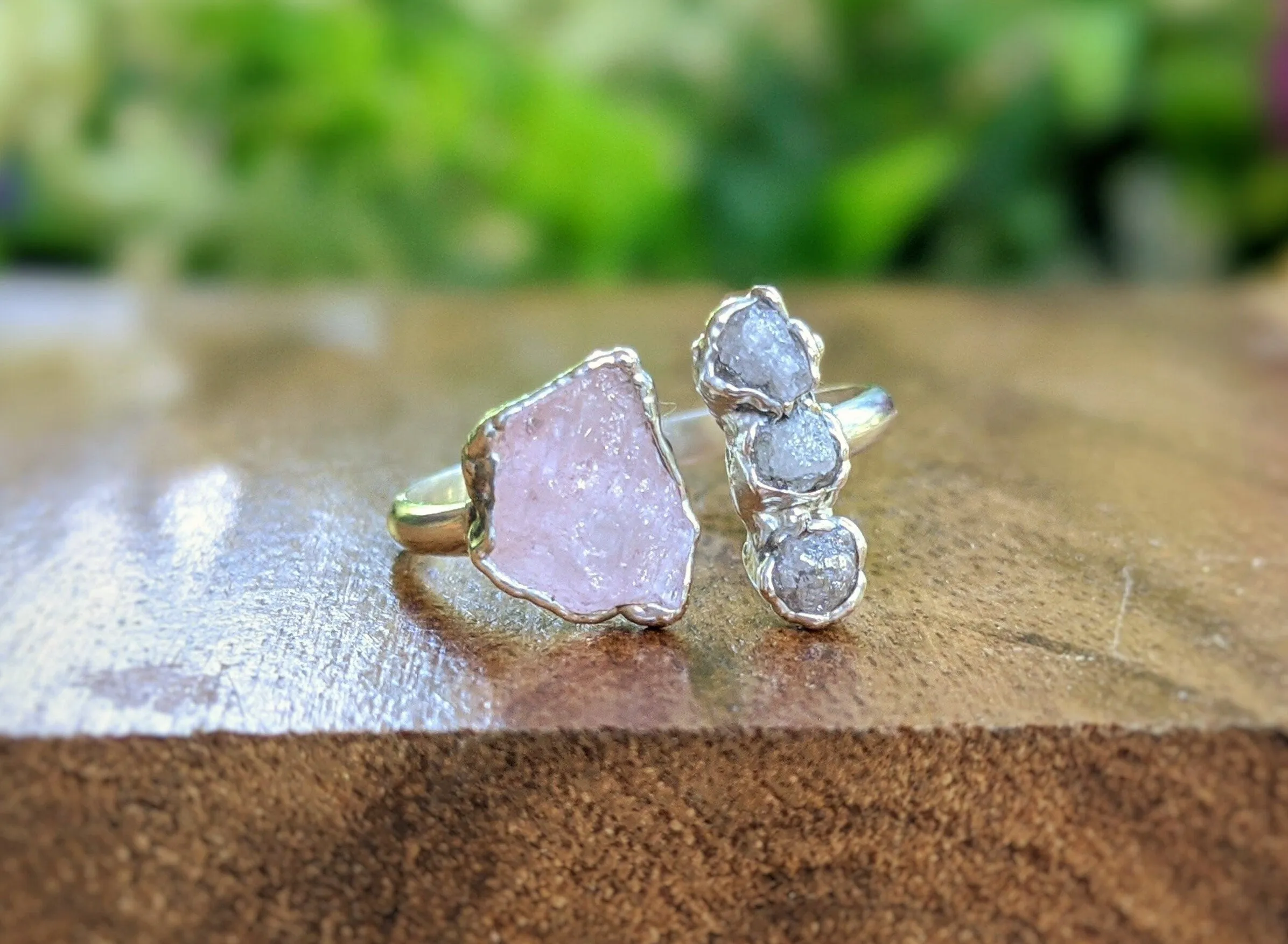 Raw Morganite and diamond ring