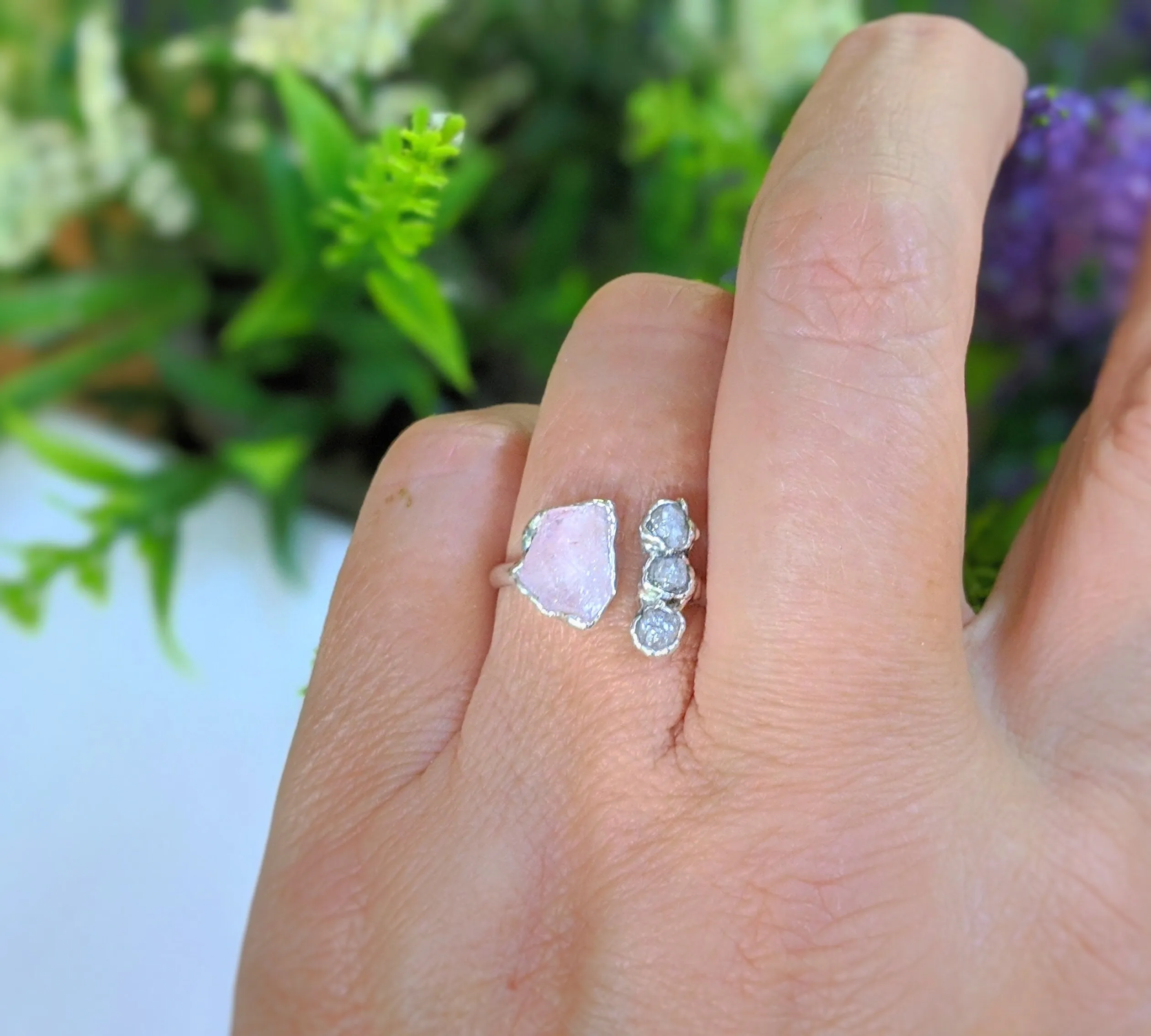 Raw Morganite and diamond ring