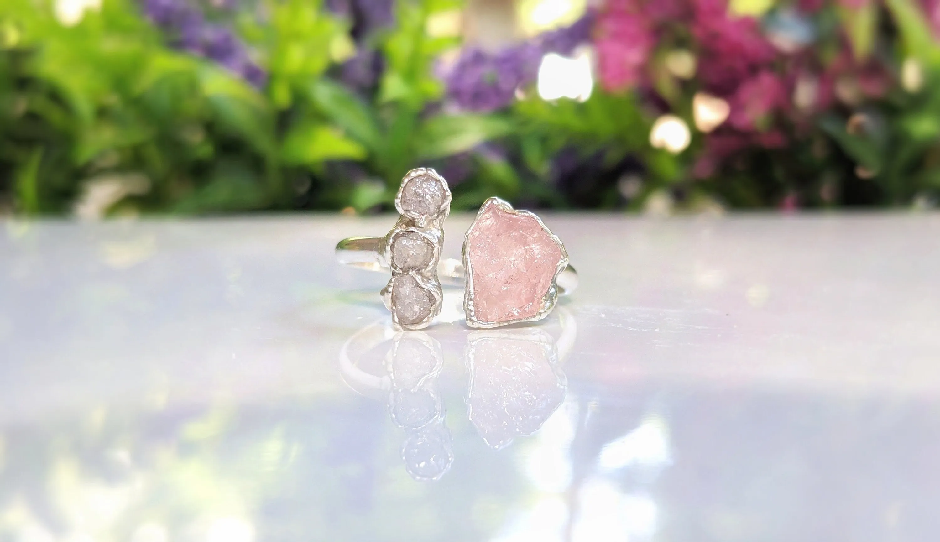 Raw Morganite and diamond ring