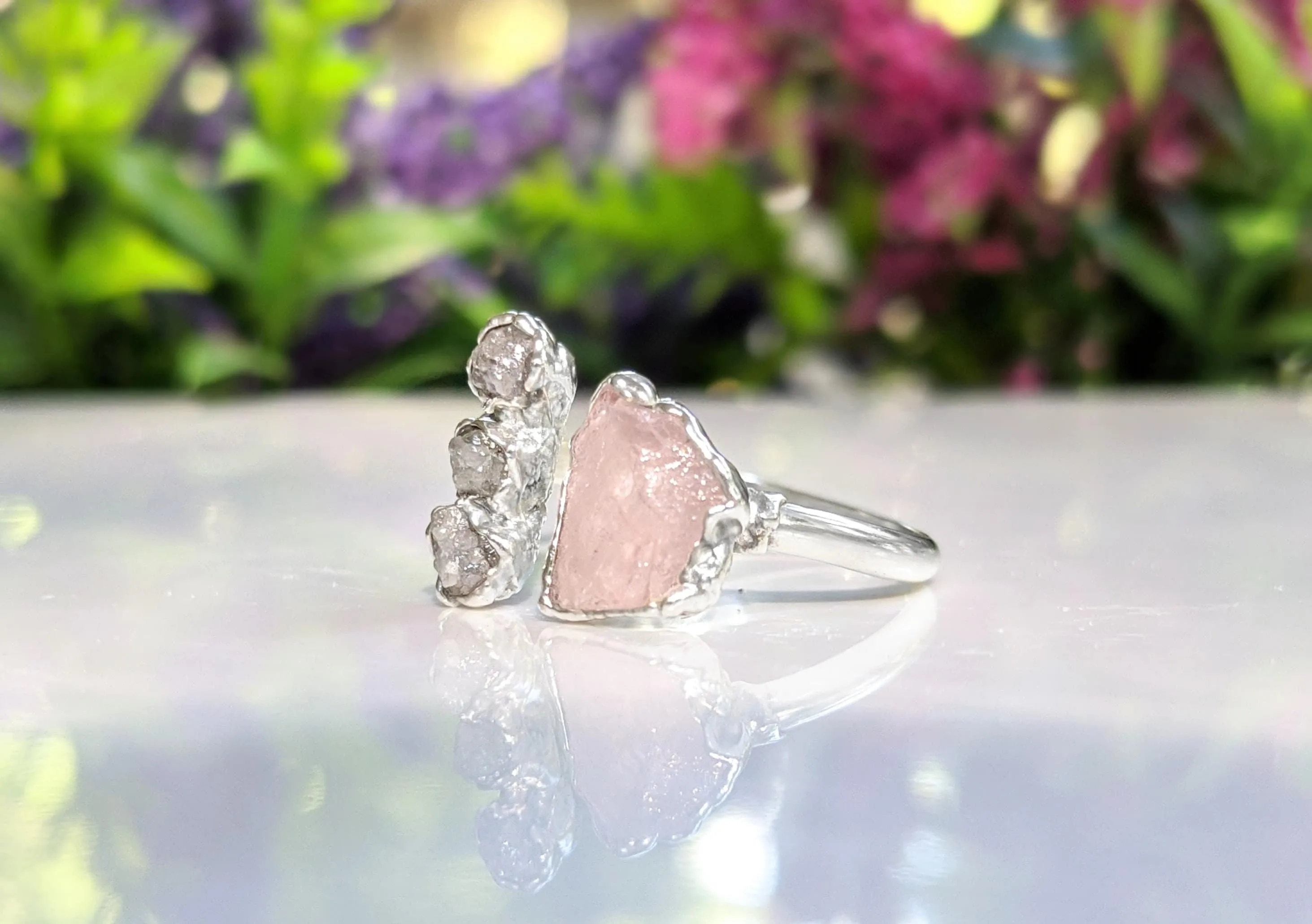 Raw Morganite and diamond ring