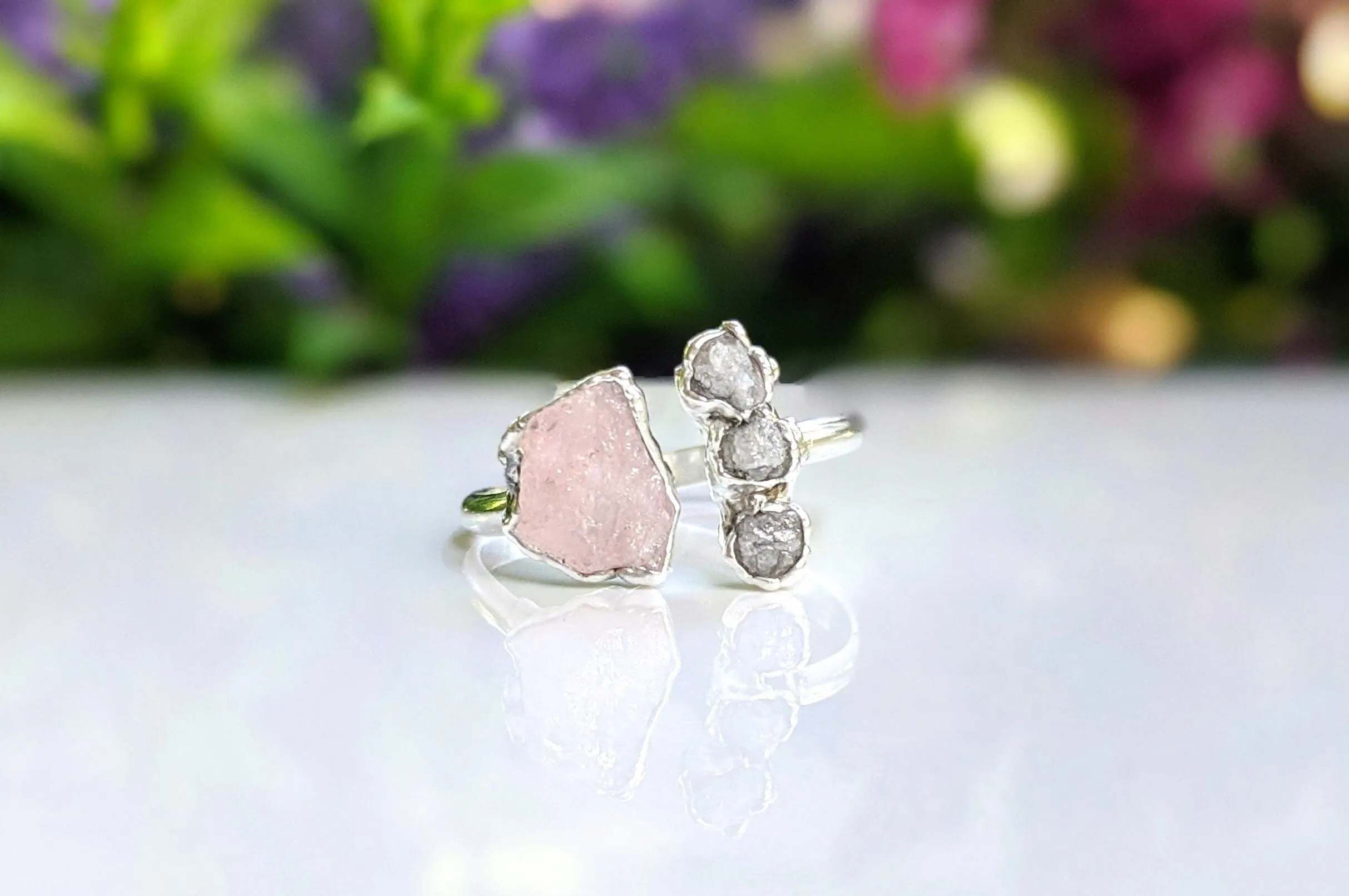 Raw Morganite and diamond ring