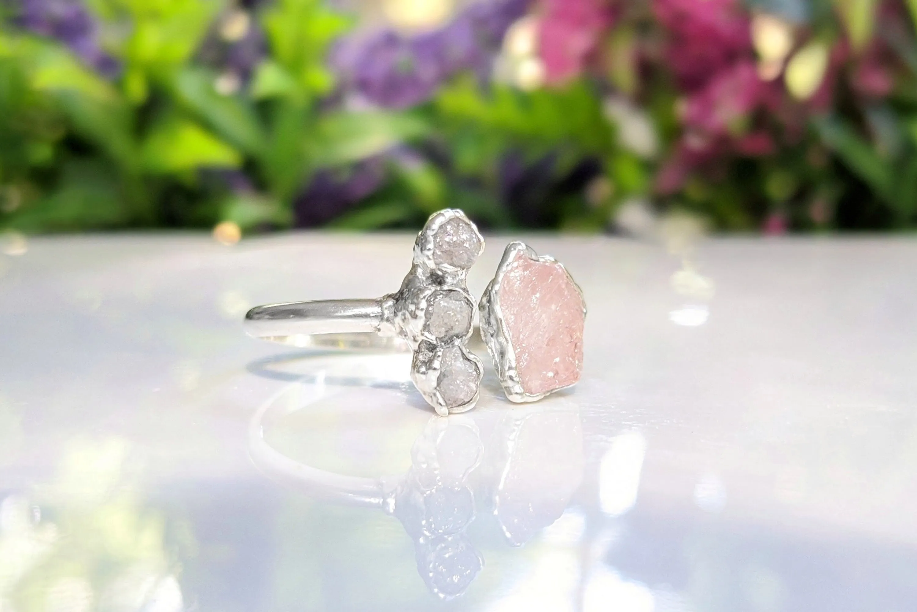 Raw Morganite and diamond ring