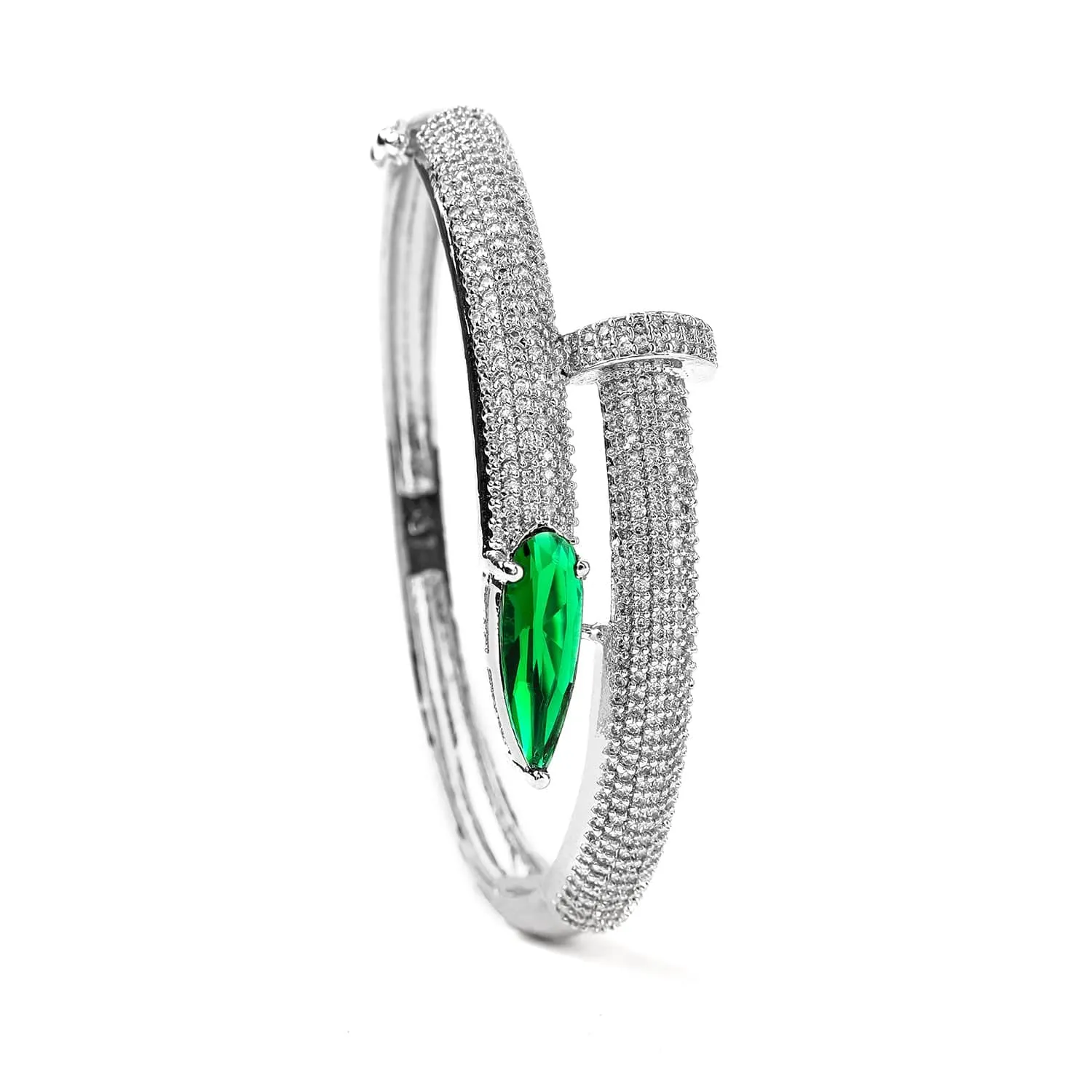 Rhodium-Plated Emerald & Cubic Zirconia Studded Bangle Style Bracelet