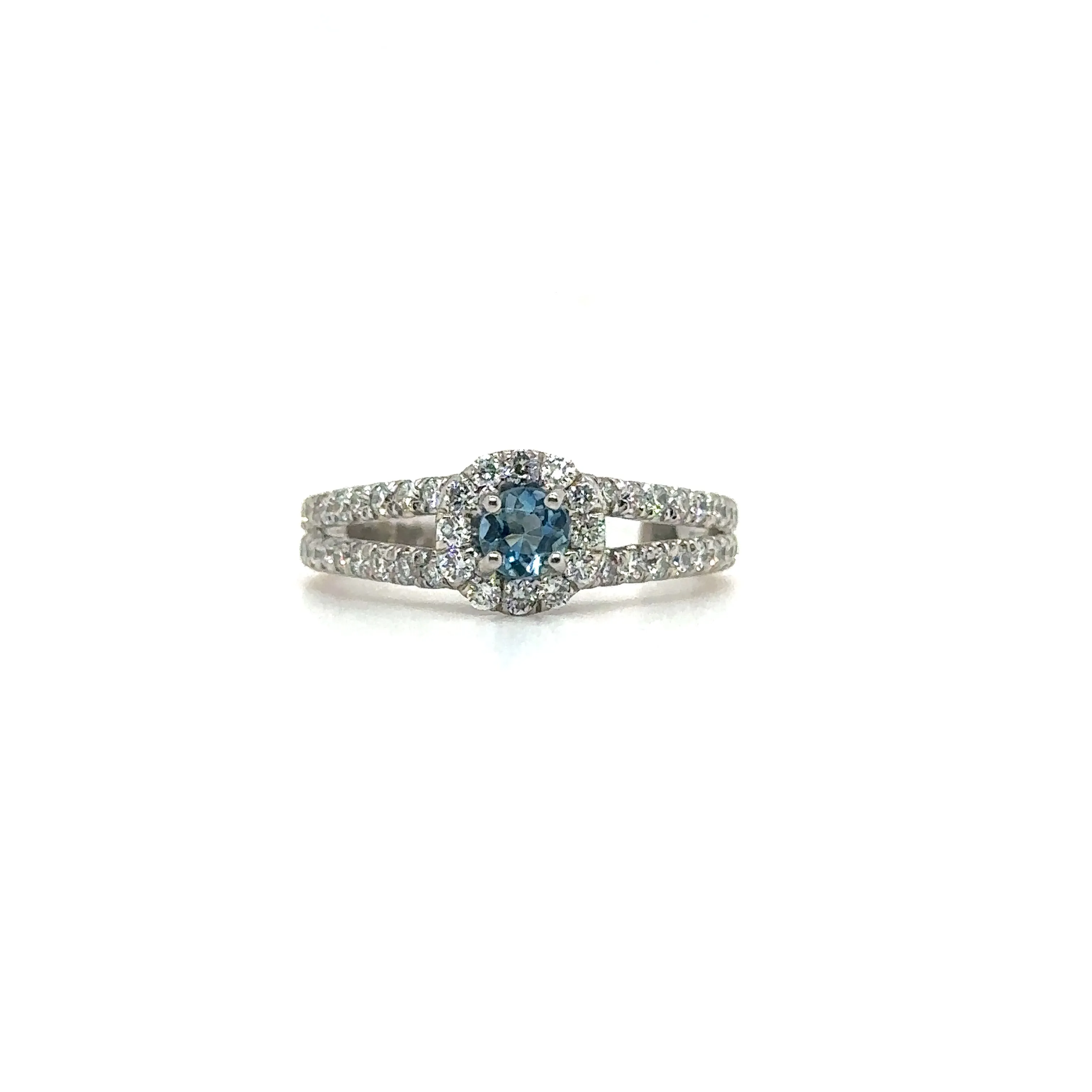 Round Aquamarine & Diamond Halo White Gold Ring