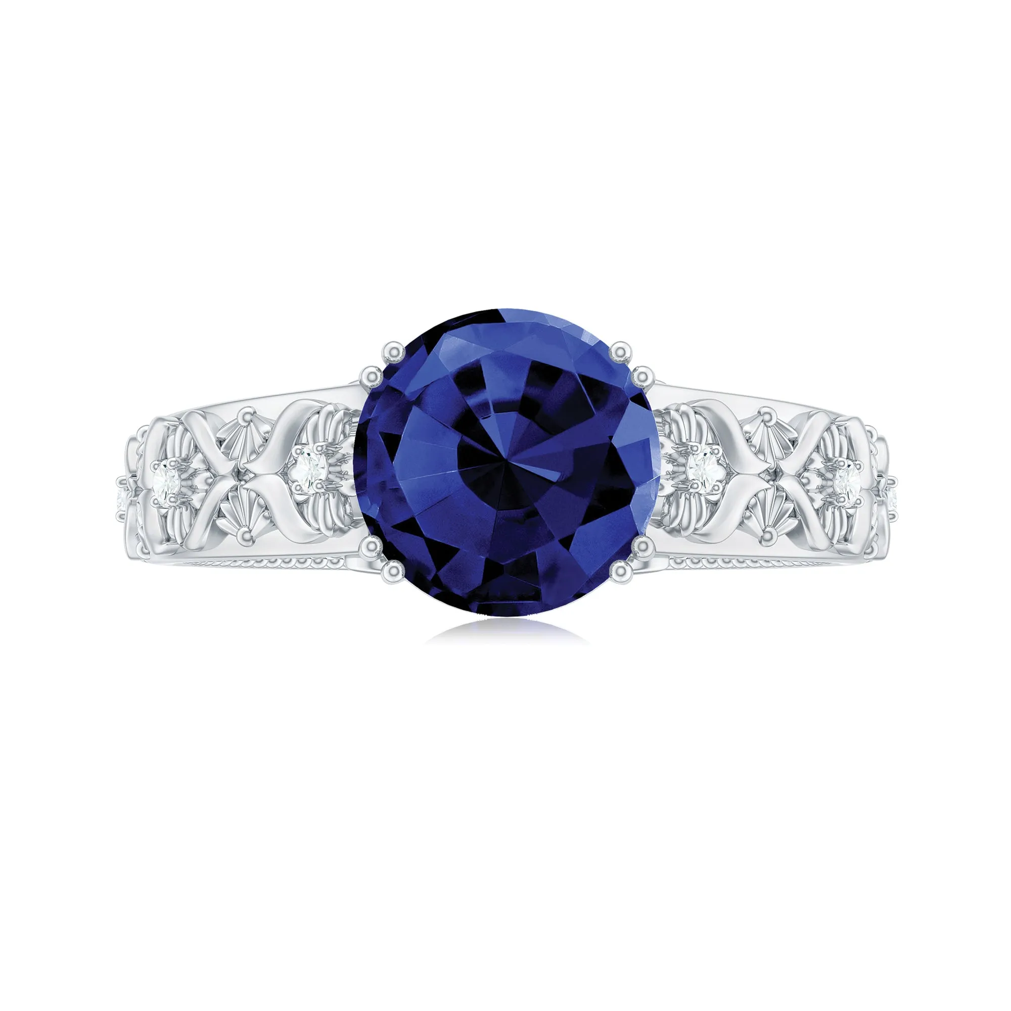 Round Created Blue Sapphire Floral Engagement Ring with Diamond