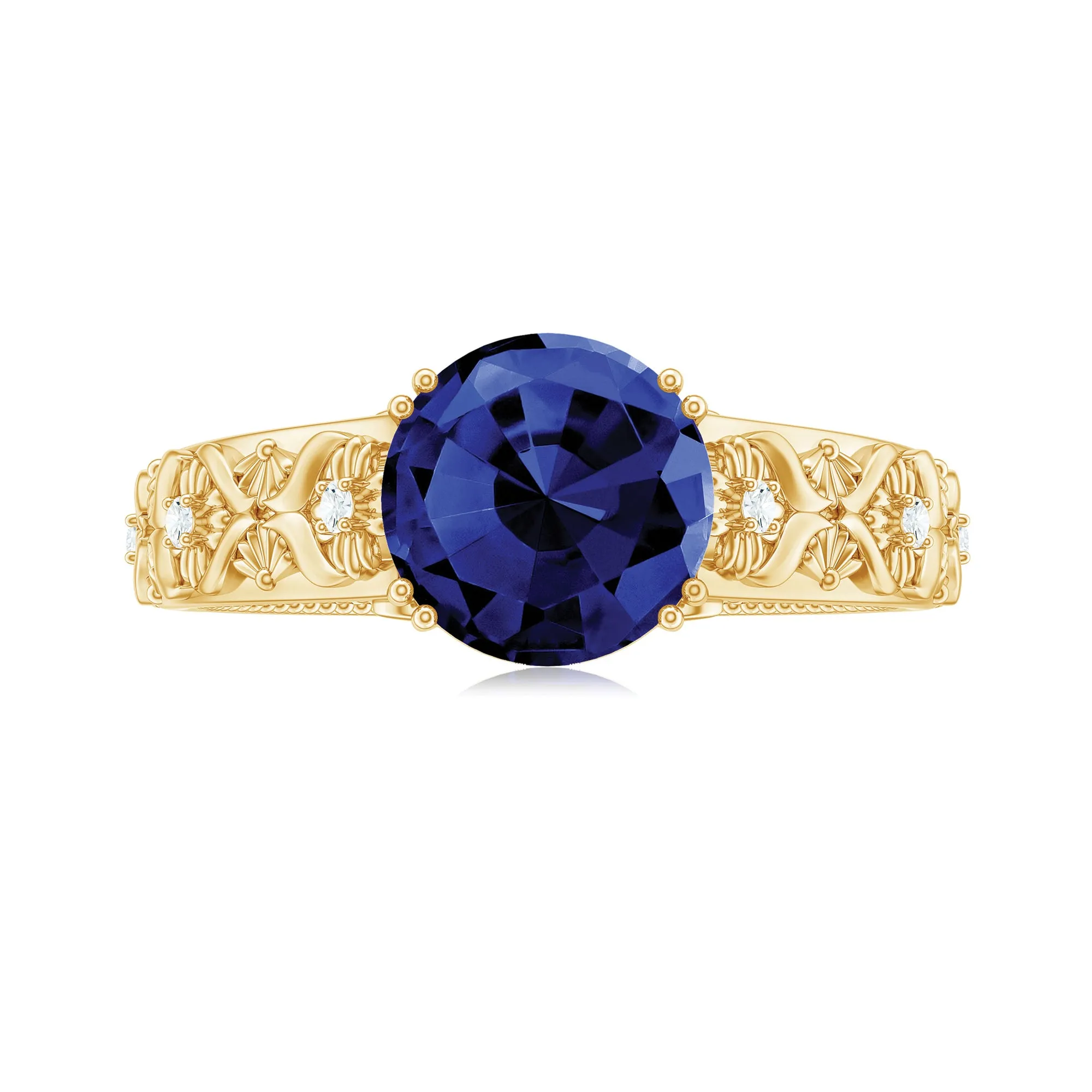 Round Created Blue Sapphire Floral Engagement Ring with Diamond