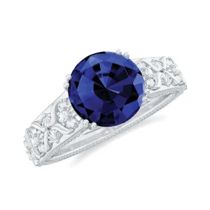 Round Created Blue Sapphire Floral Engagement Ring with Diamond