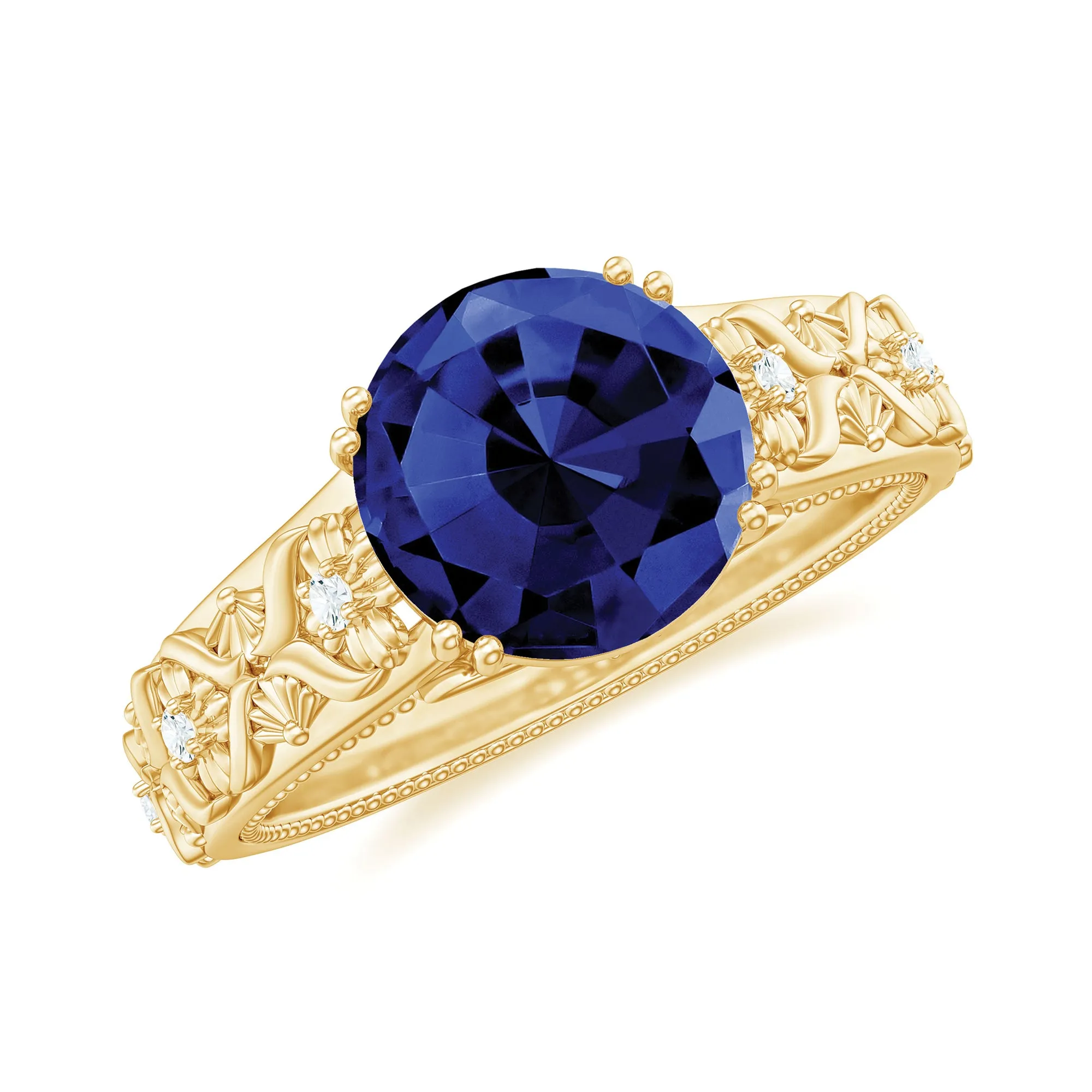 Round Created Blue Sapphire Floral Engagement Ring with Diamond