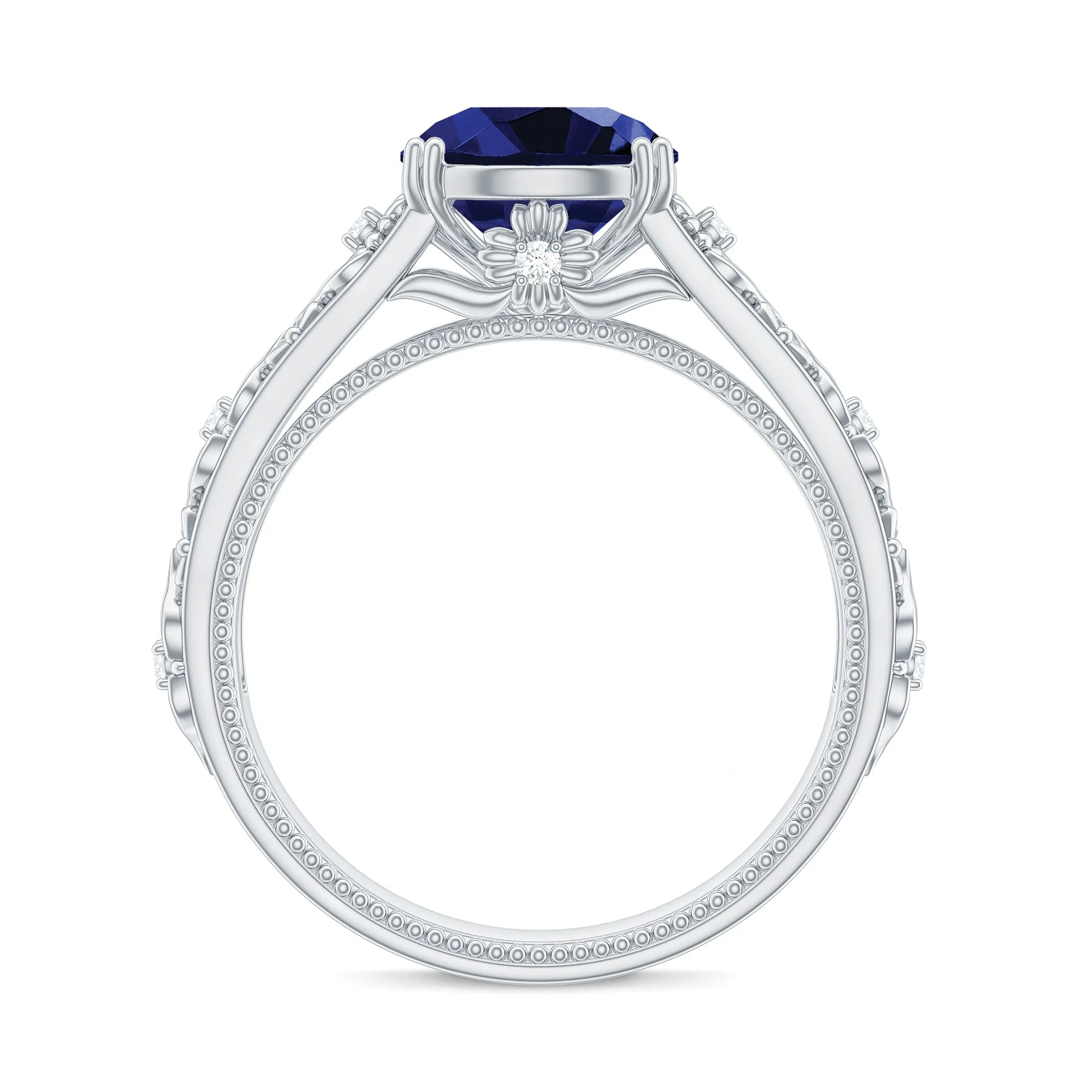 Round Created Blue Sapphire Floral Engagement Ring with Diamond