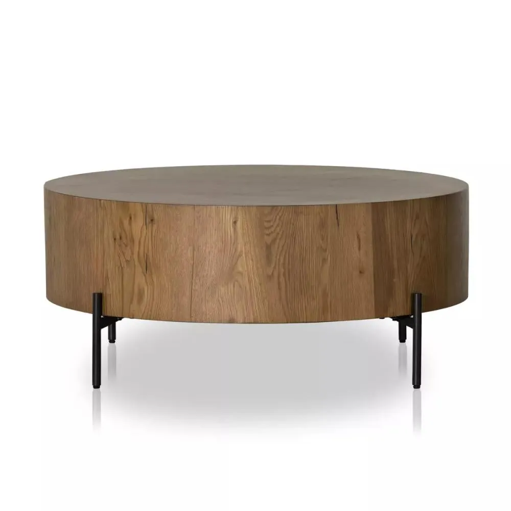 Round Drum Coffee Table Amber Oak Wood Veneer & Gunmetal Base 38 inch