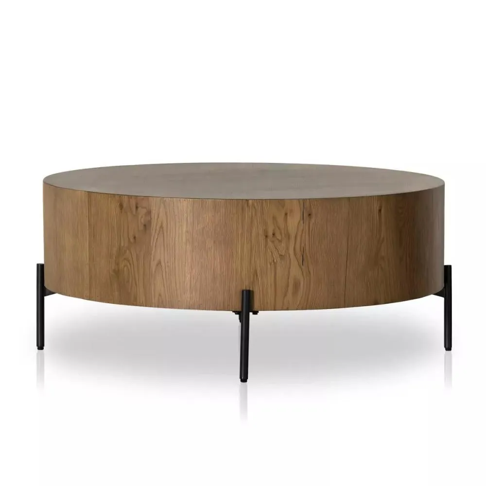 Round Drum Coffee Table Amber Oak Wood Veneer & Gunmetal Base 38 inch