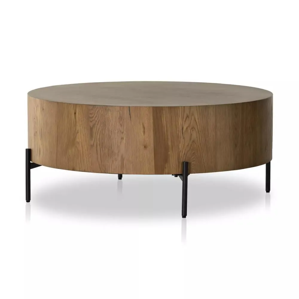 Round Drum Coffee Table Amber Oak Wood Veneer & Gunmetal Base 38 inch