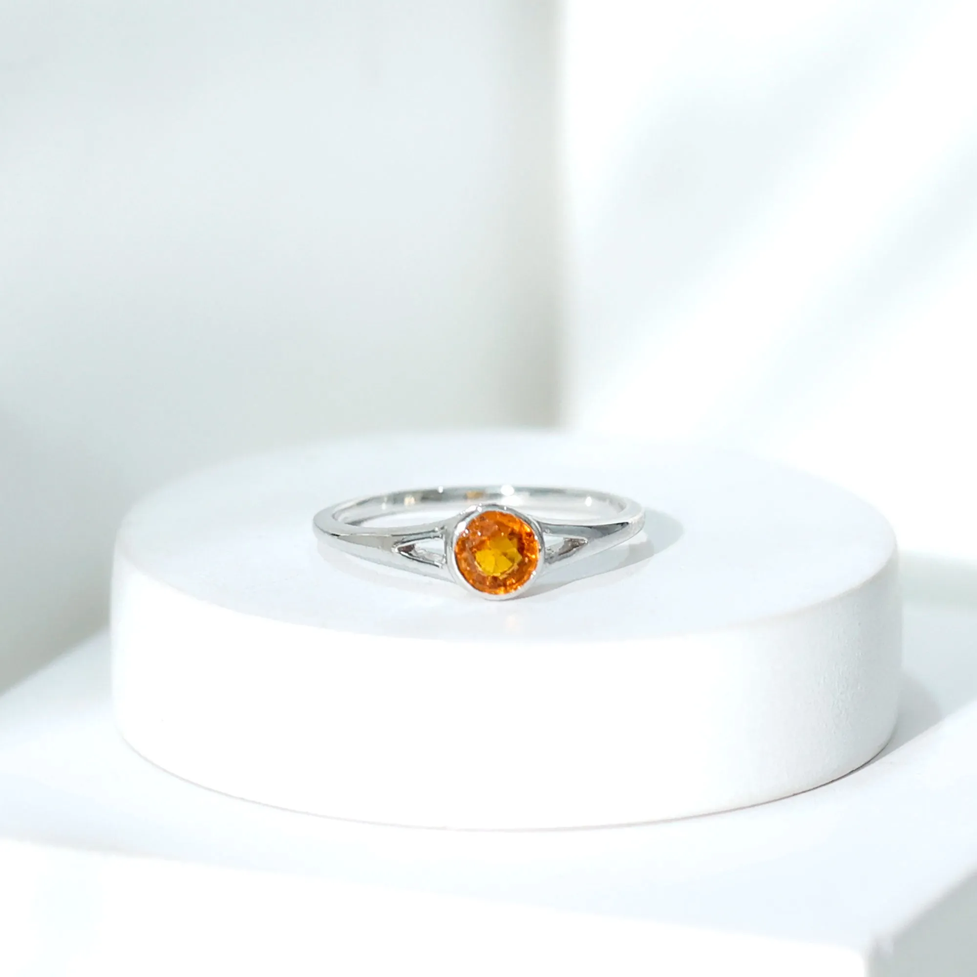 Round Orange Sapphire Solitaire Promise Ring in Bezel Setting