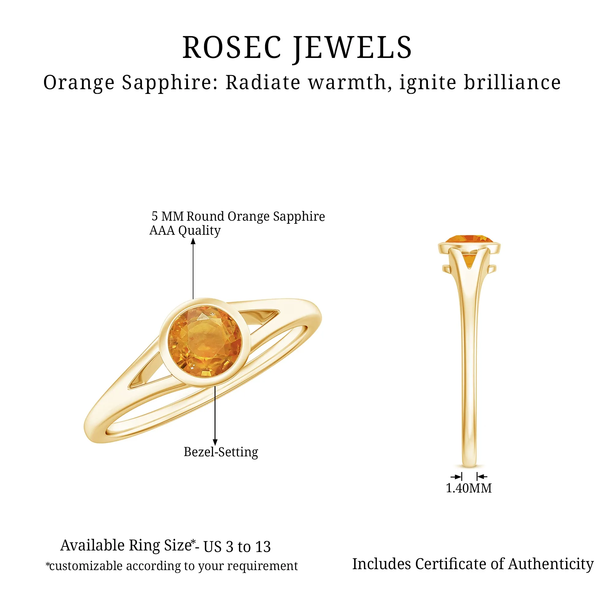 Round Orange Sapphire Solitaire Promise Ring in Bezel Setting