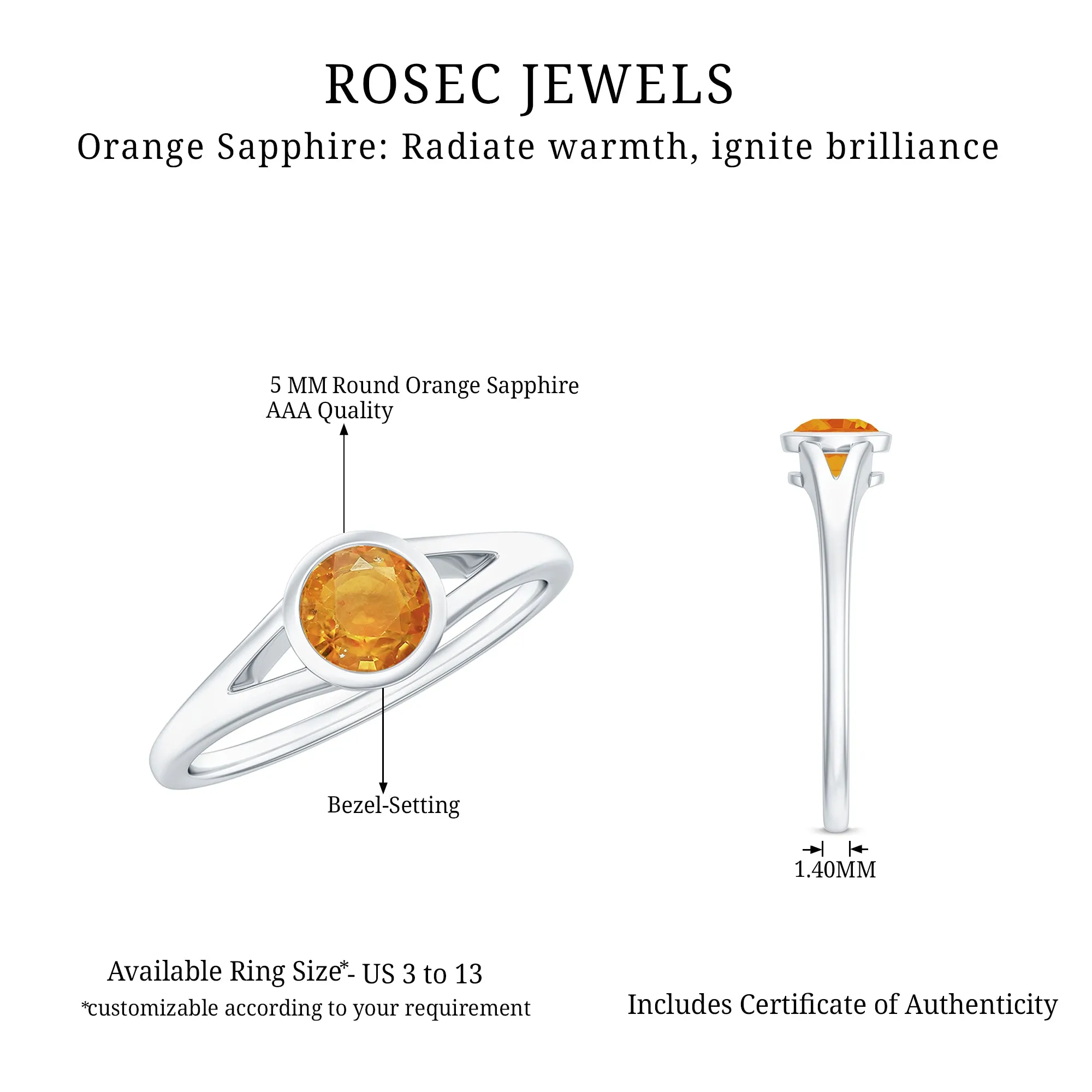 Round Orange Sapphire Solitaire Promise Ring in Bezel Setting