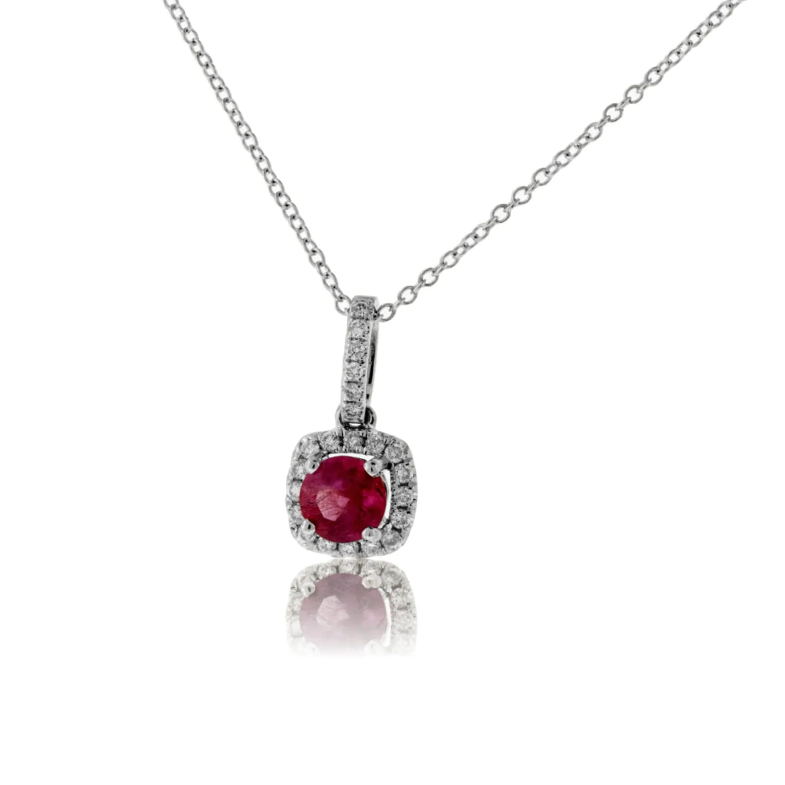 Round Red Emerald & Diamond Halo Drop Pendant