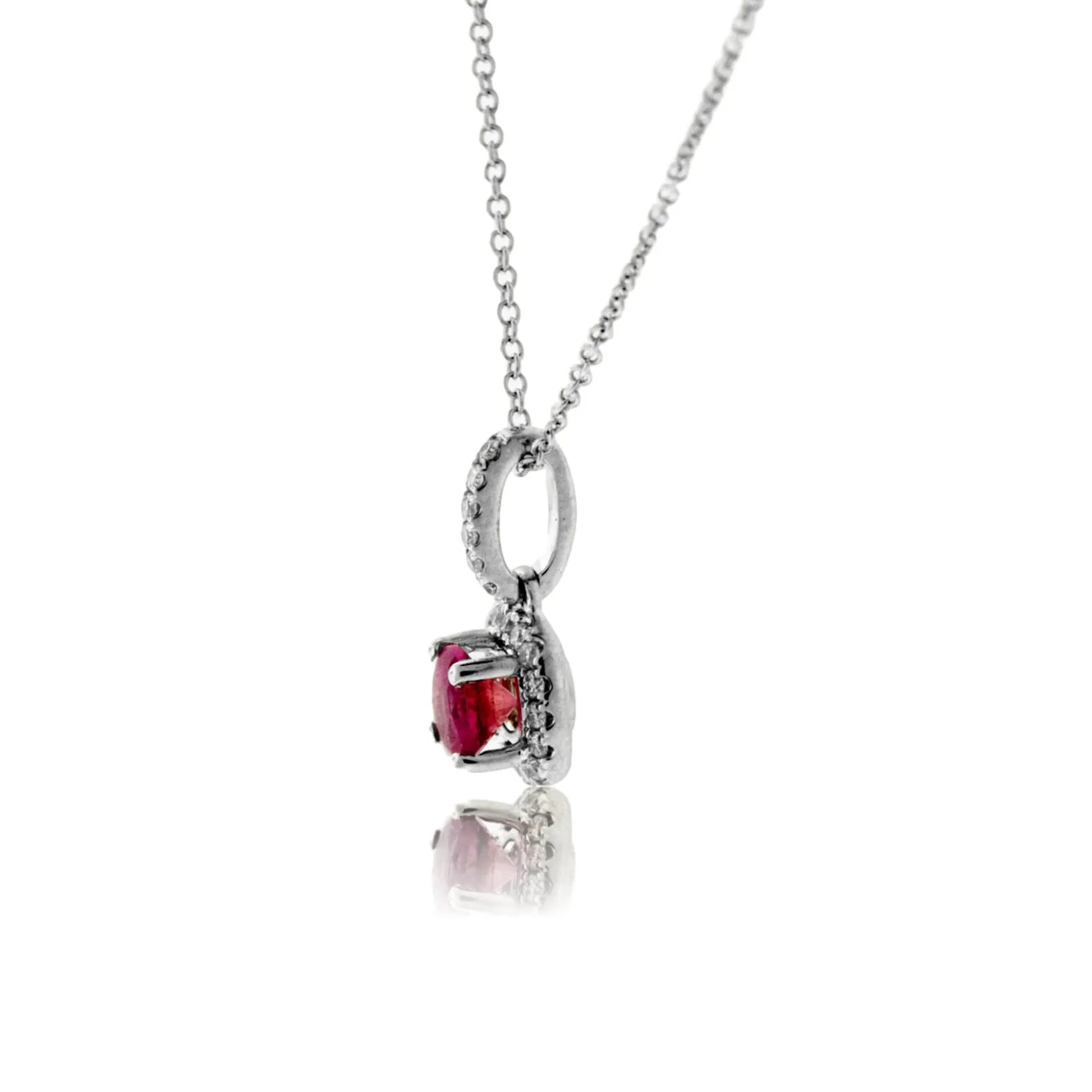 Round Red Emerald & Diamond Halo Drop Pendant