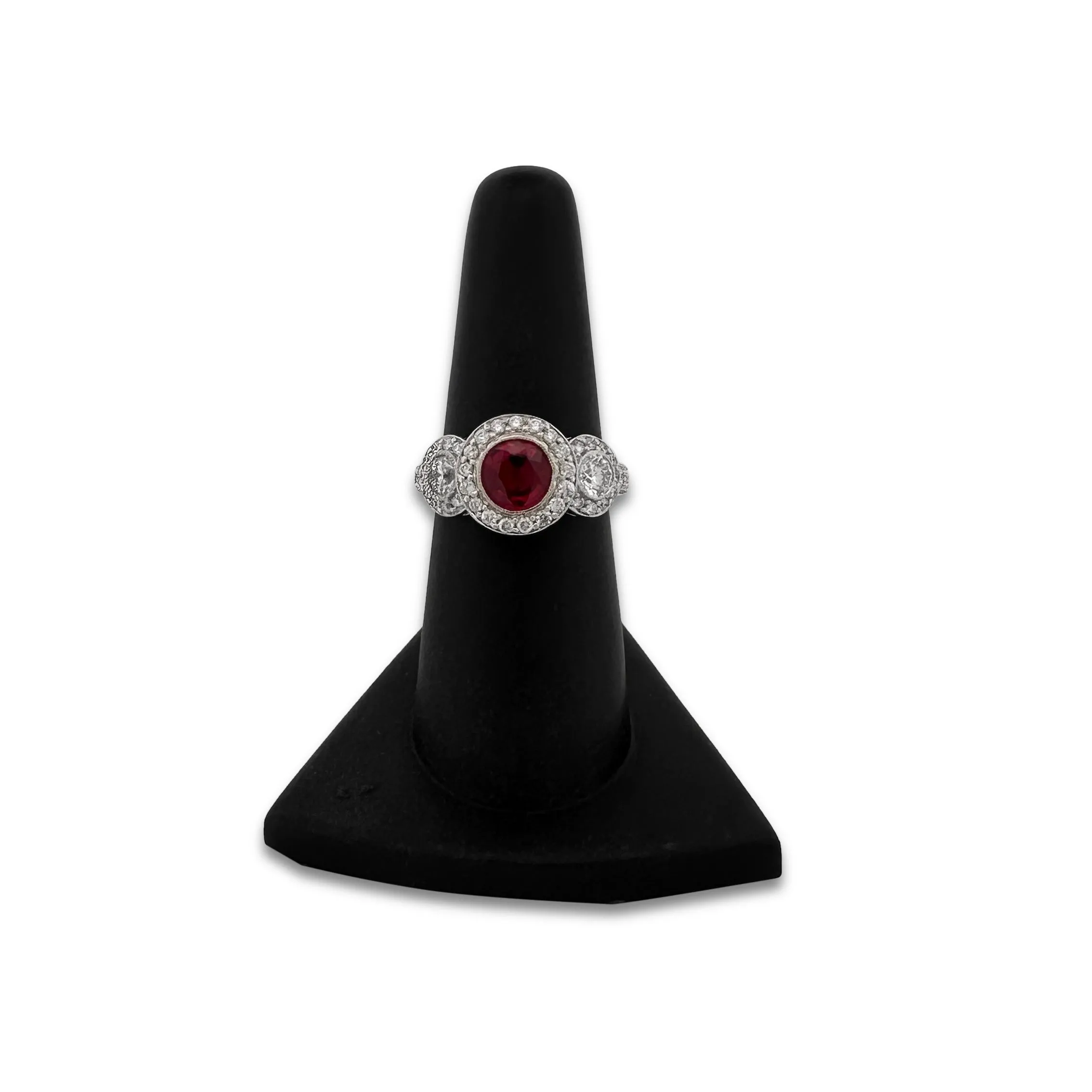 Round Ruby and Round Brilliant Diamond 3-Stone Halo Cocktail Ring in 14k Two-tone Gold