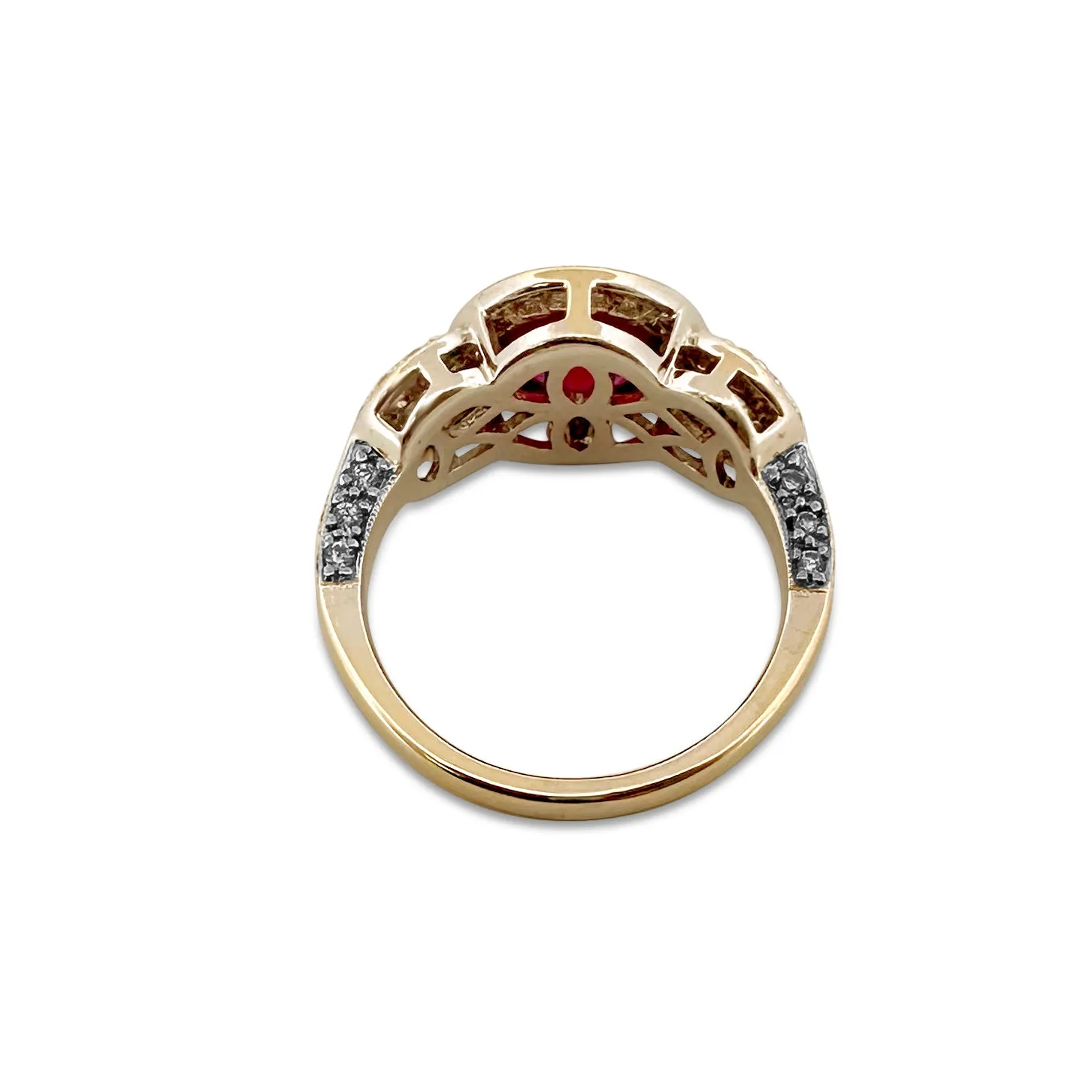 Round Ruby and Round Brilliant Diamond 3-Stone Halo Cocktail Ring in 14k Two-tone Gold