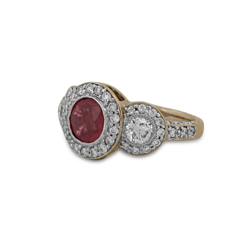 Round Ruby and Round Brilliant Diamond 3-Stone Halo Cocktail Ring in 14k Two-tone Gold