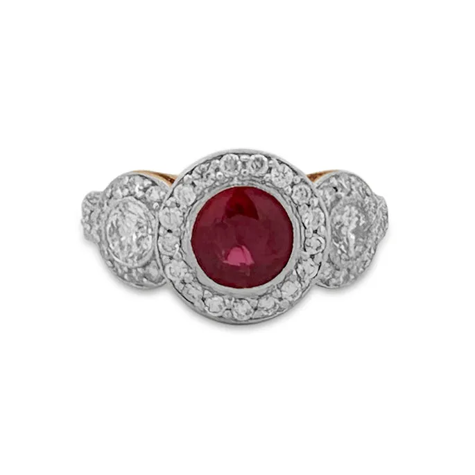 Round Ruby and Round Brilliant Diamond 3-Stone Halo Cocktail Ring in 14k Two-tone Gold