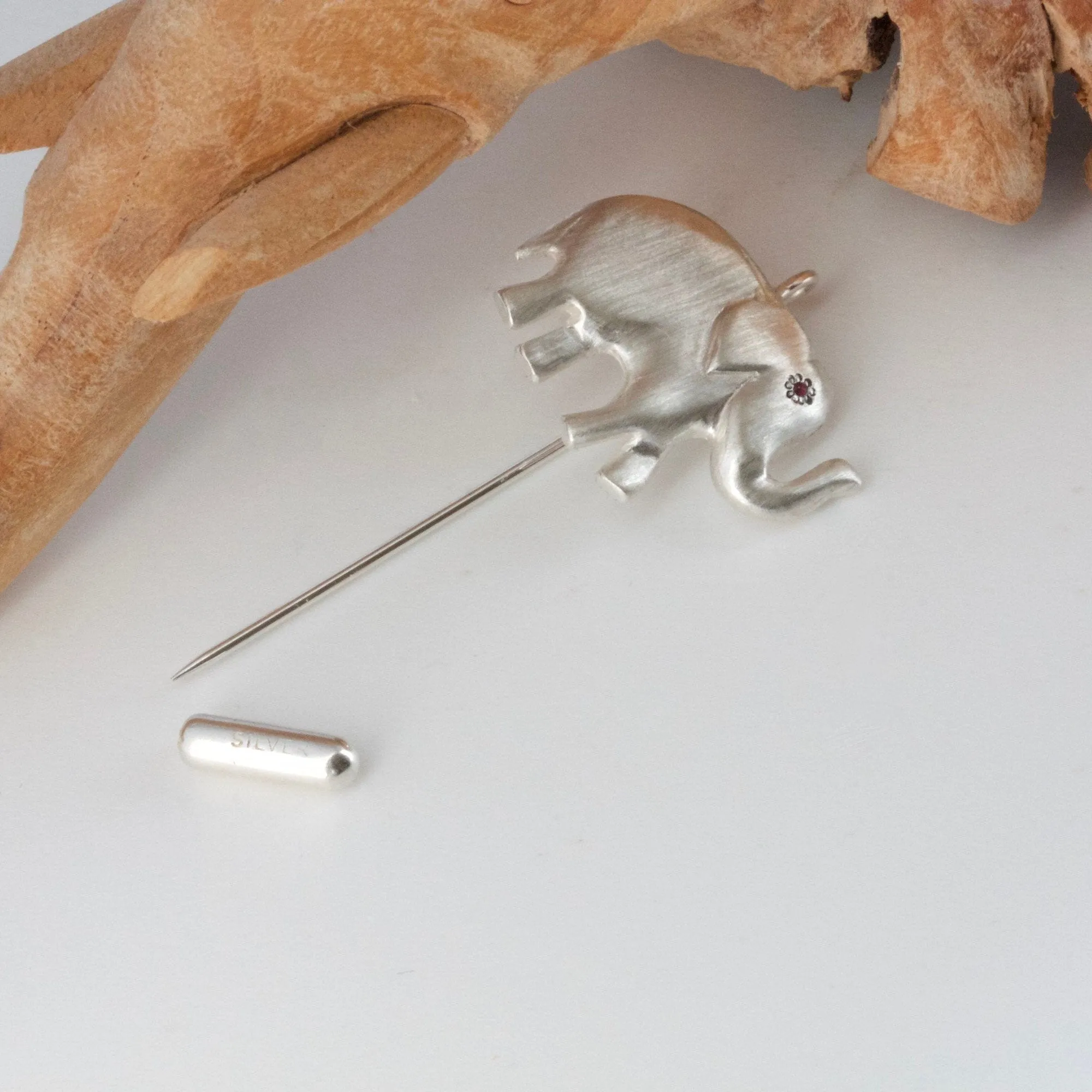 Silver and Ruby Elephant Pin, Elephant Lapel Pin