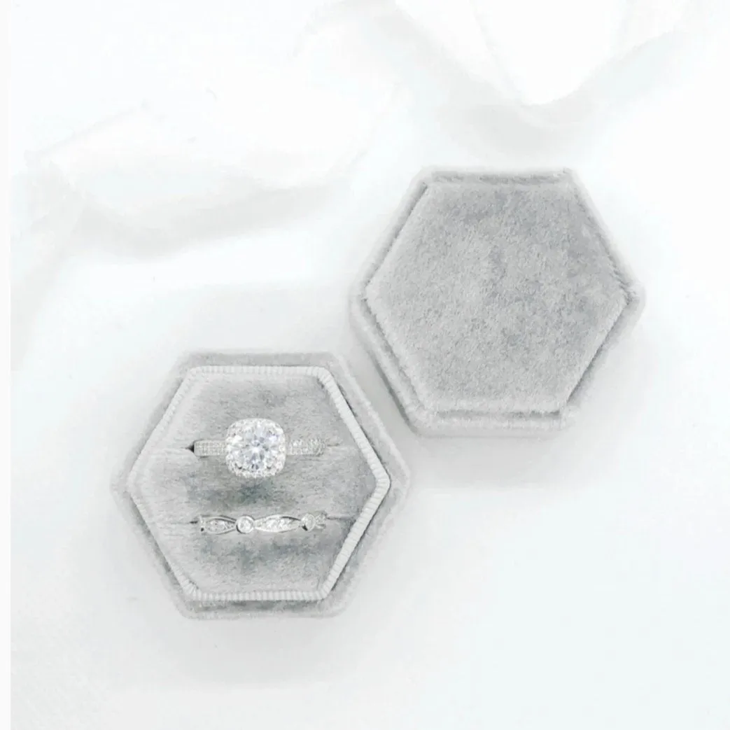 Silver Grey Velvet Hexagon Ring Box