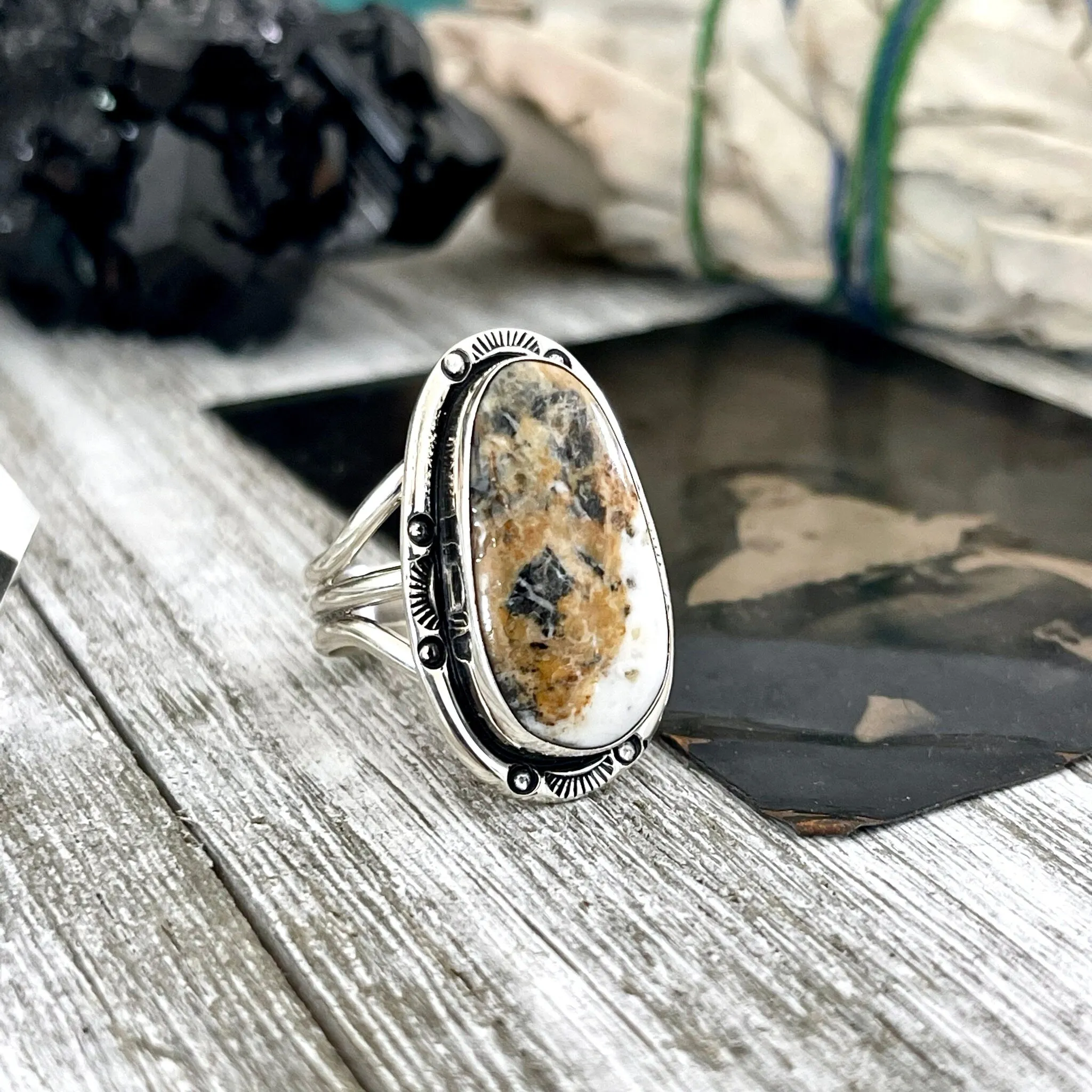 Size 10 Stunning White Buffalo Statement Ring Set in Sterling Silver / Curated by FOXLARK Collection