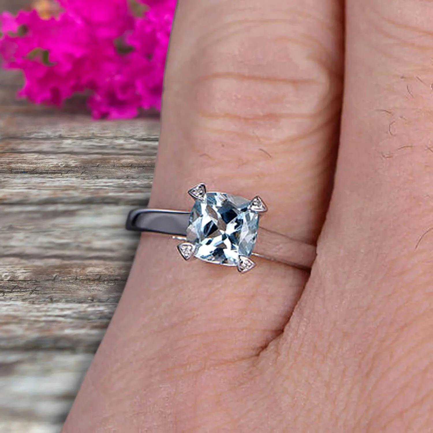 Solitaire 1 Carat Cushion Cut Aquamarine Engagement Ring 10k White Gold