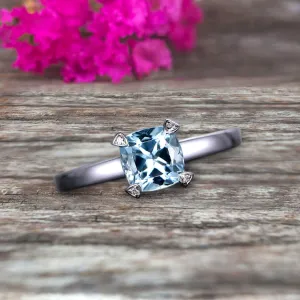 Solitaire 1 Carat Cushion Cut Aquamarine Engagement Ring 10k White Gold