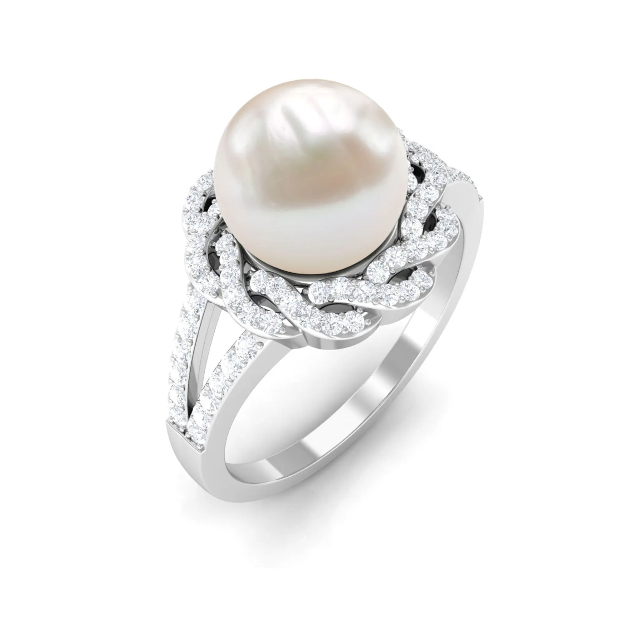 Split Shank Freshwater Pearl and Diamond Braided Statement Ring