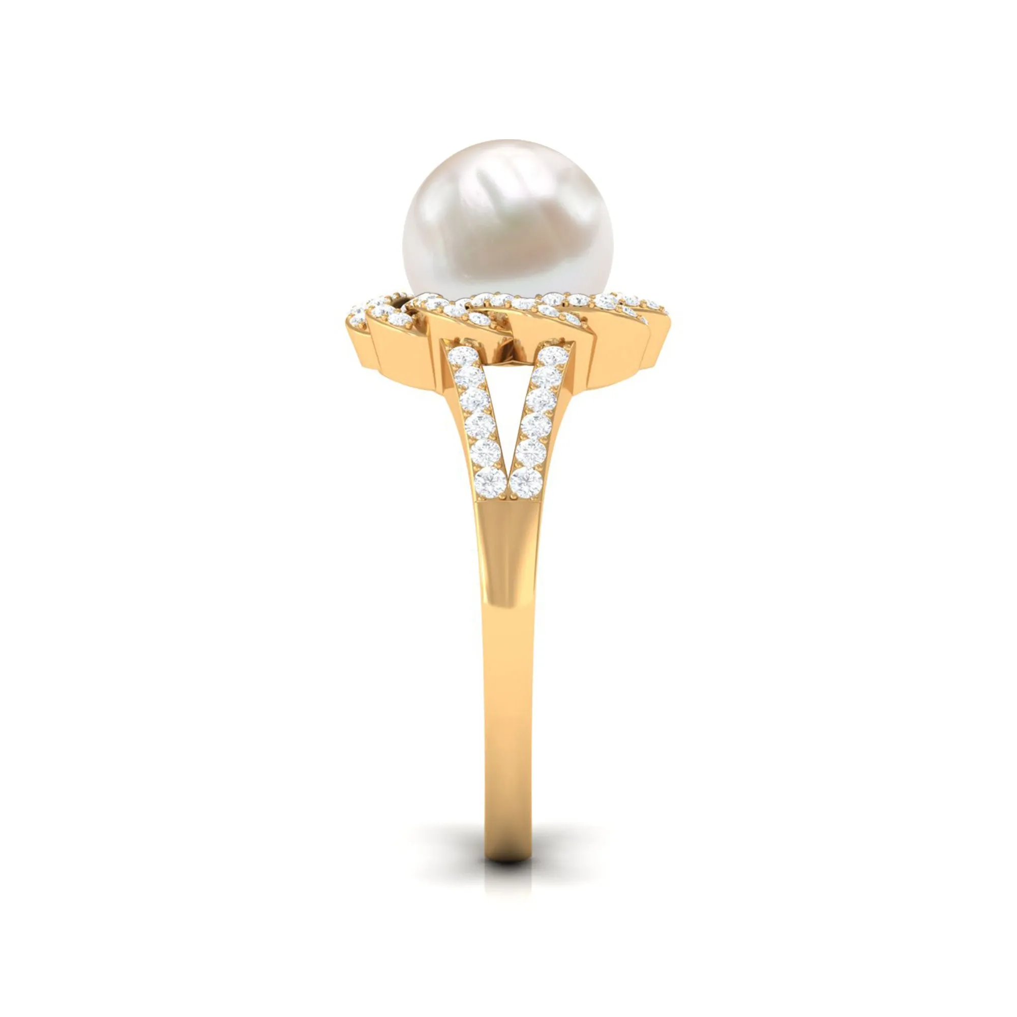 Split Shank Freshwater Pearl and Diamond Braided Statement Ring