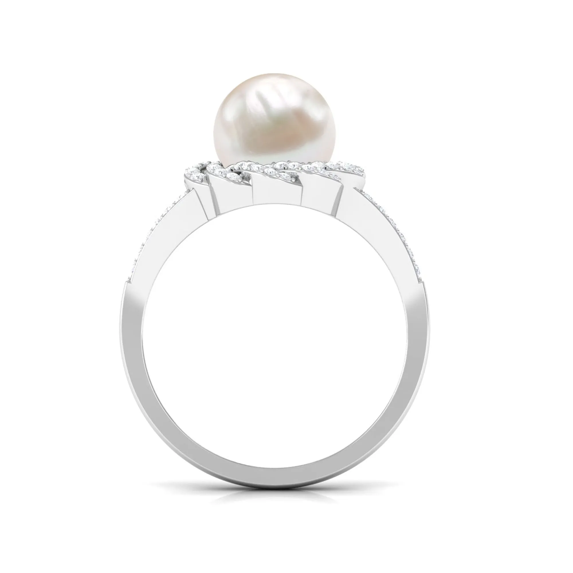 Split Shank Freshwater Pearl and Diamond Braided Statement Ring