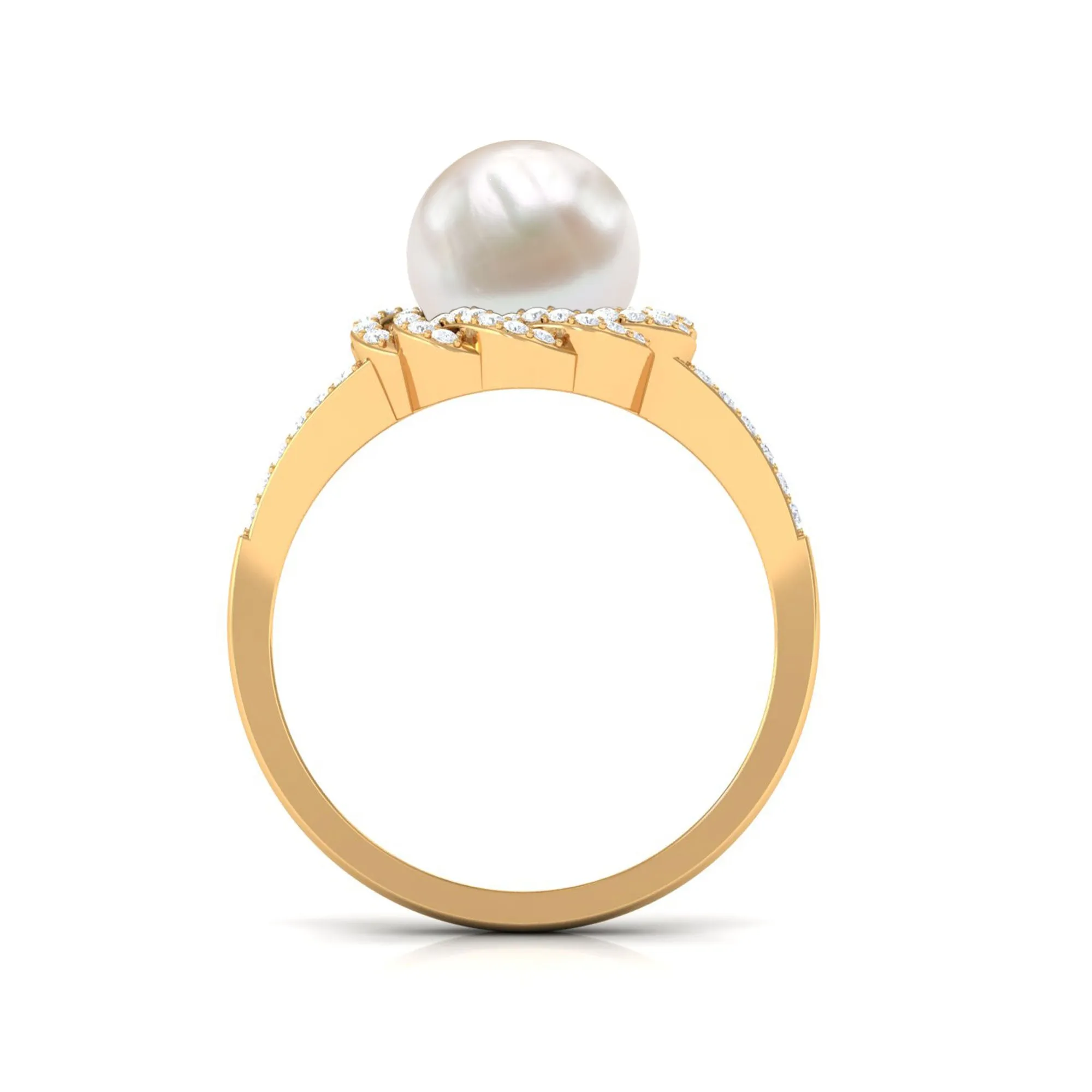 Split Shank Freshwater Pearl and Diamond Braided Statement Ring