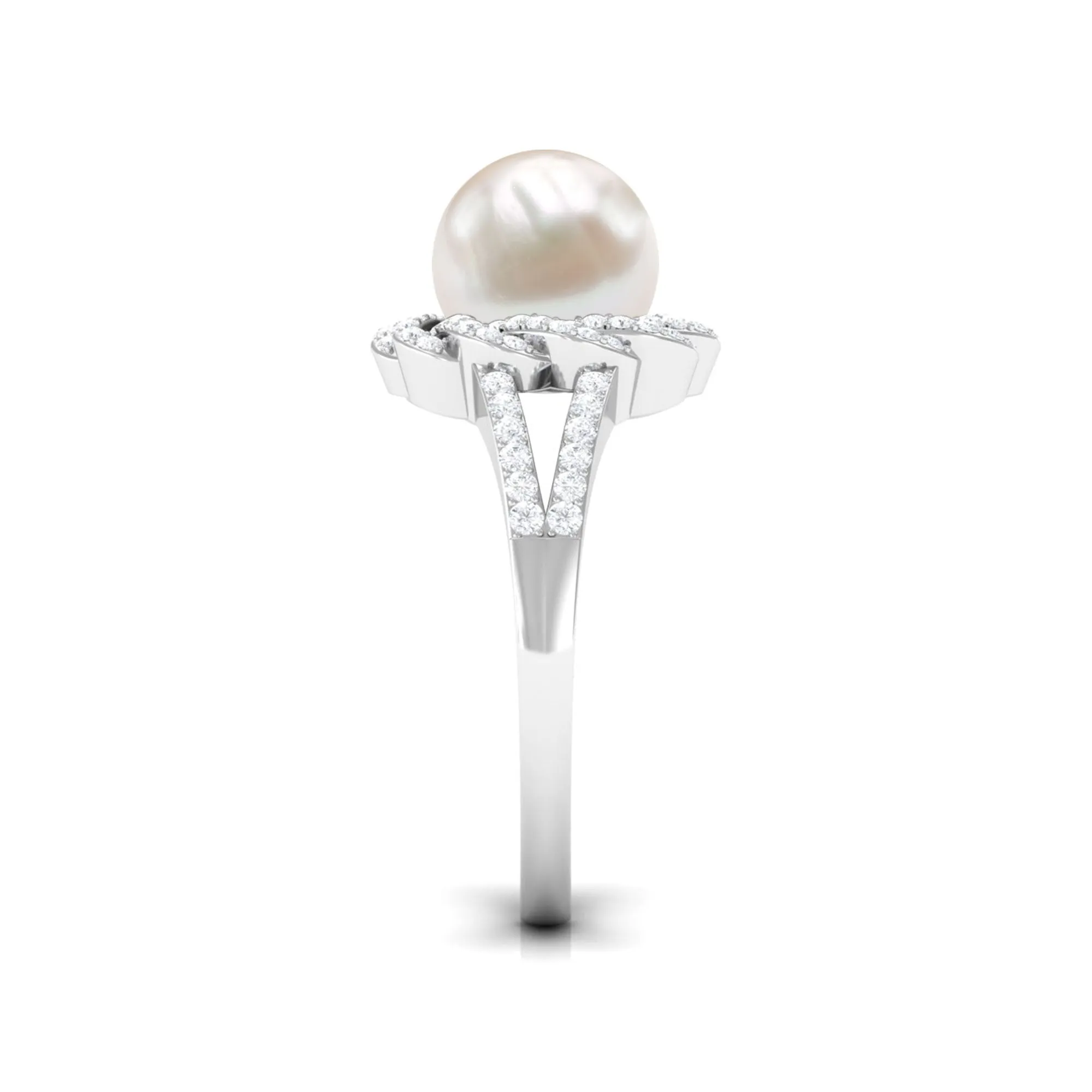 Split Shank Freshwater Pearl and Diamond Braided Statement Ring