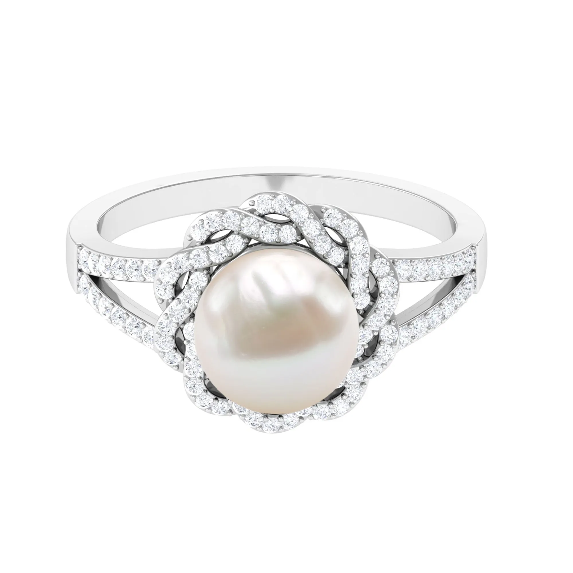 Split Shank Freshwater Pearl and Diamond Braided Statement Ring