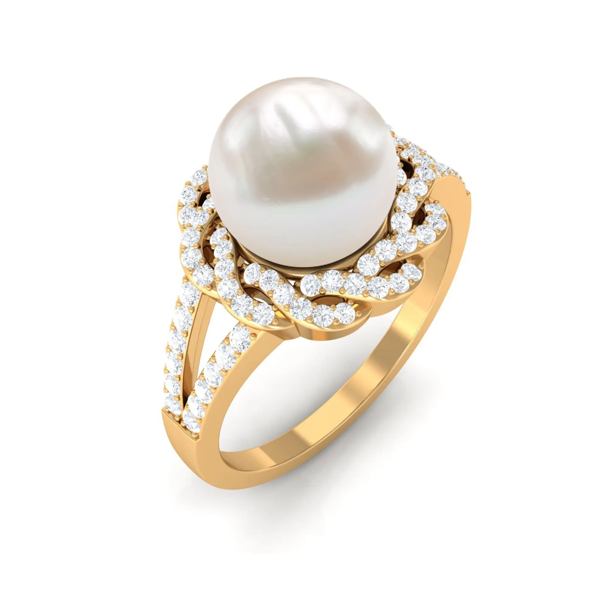 Split Shank Freshwater Pearl and Diamond Braided Statement Ring