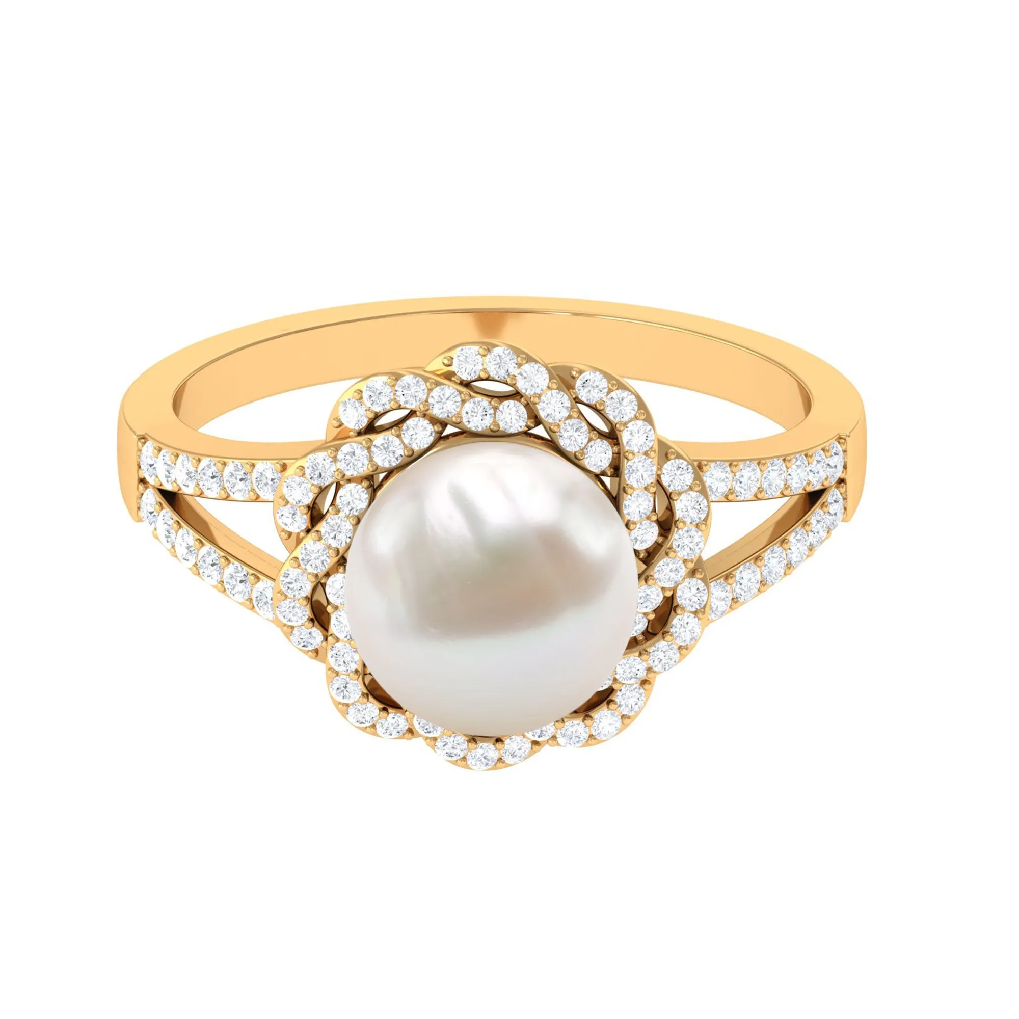 Split Shank Freshwater Pearl and Diamond Braided Statement Ring